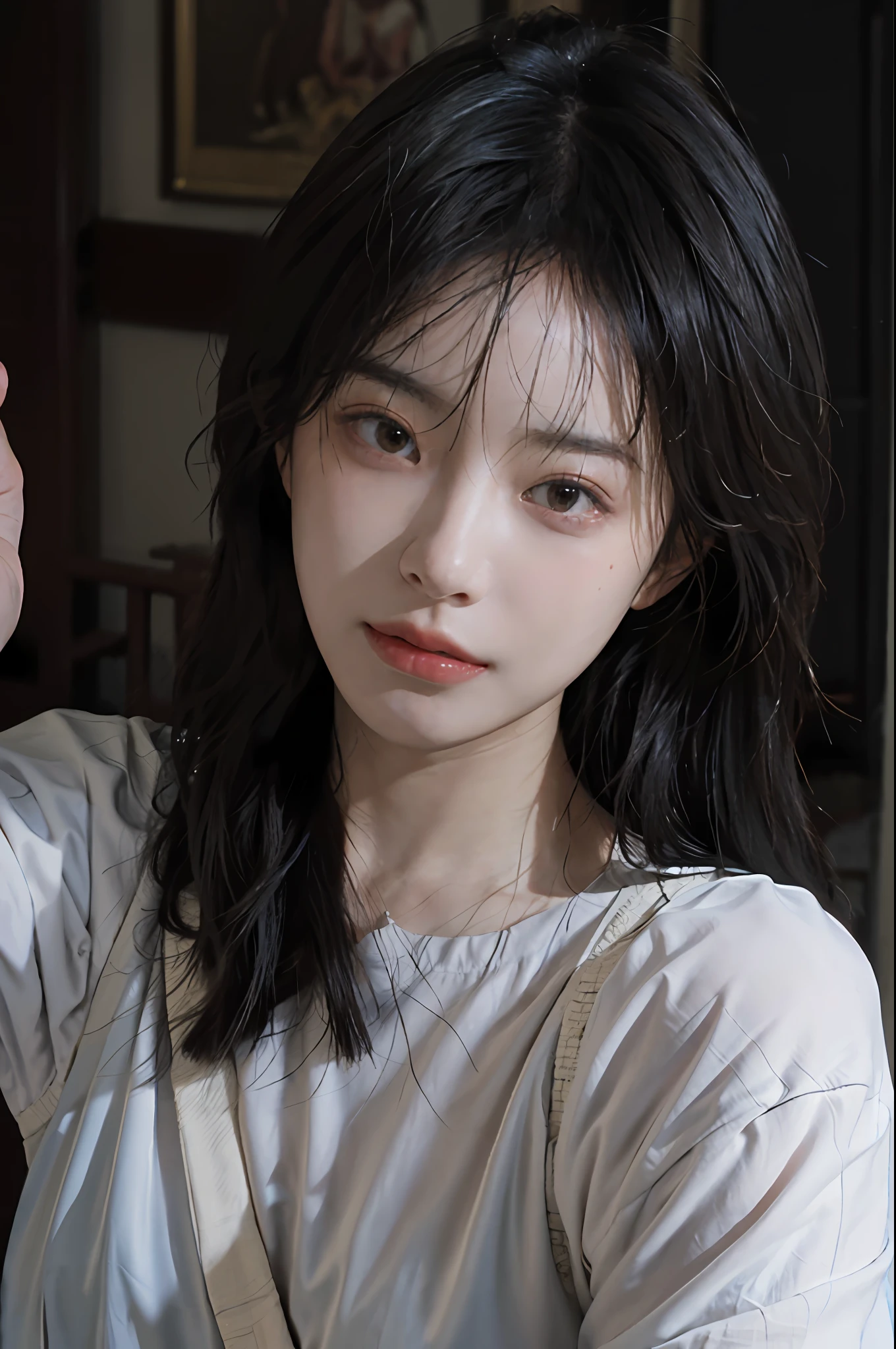 8K, Best Quality, Masterpiece, Ultra High Resolution, (Realism: 1.4), Original Photo, (Realistic Skin Texture: 1.3), (Film Grain: 1.3), (Selfie Angle), 1 Girl, Beautiful Eyes and Face Details, Masterpiece, Best Quality, Close-up, Upper Body, Looking at the Viewer