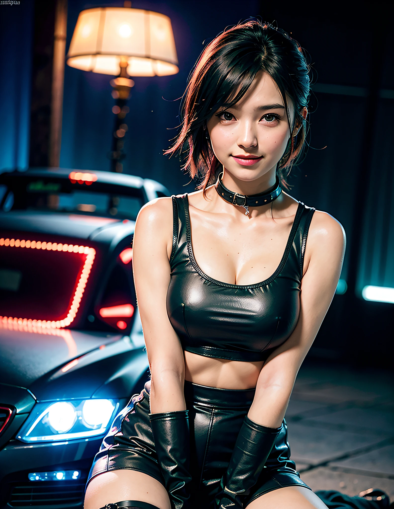 (8K, Best Quality, Masterpiece:1.2), (Realistic, Photorealistic:1.37), Ultra Detail, 1 Girl,Cute, Solo, (Tipha Lockhart), (Big),(Beautiful Detailed Eyes), (Smile:1.2), (Smile), (Erotic Pose), Dance, Neon Lights, Cityscape, Depth of Field, Dark Strong Shadows, Sharp Focus, Car, Motion Blur, Motorbike, depth of field, good composition, light glowing green, final fantasy vii, dating,(blush), single elbow pads, ankle boots, black hair, black thighs, red boots, elbow gloves, elbow pads, fingerless gloves, taut shirt, sports bra, (suspender black skirt), thighs, white tank top, full body, headrest, lips, (pretty face), long low tie hair, (( red_eyes)), (Luxury Car), (Night: 1.3), Complex, Bokeh, Movie Lighting, Photon Mapping, Radiosity, Physically Based Rendering, (Tetsuya Nomura Style), Perfect Breasts