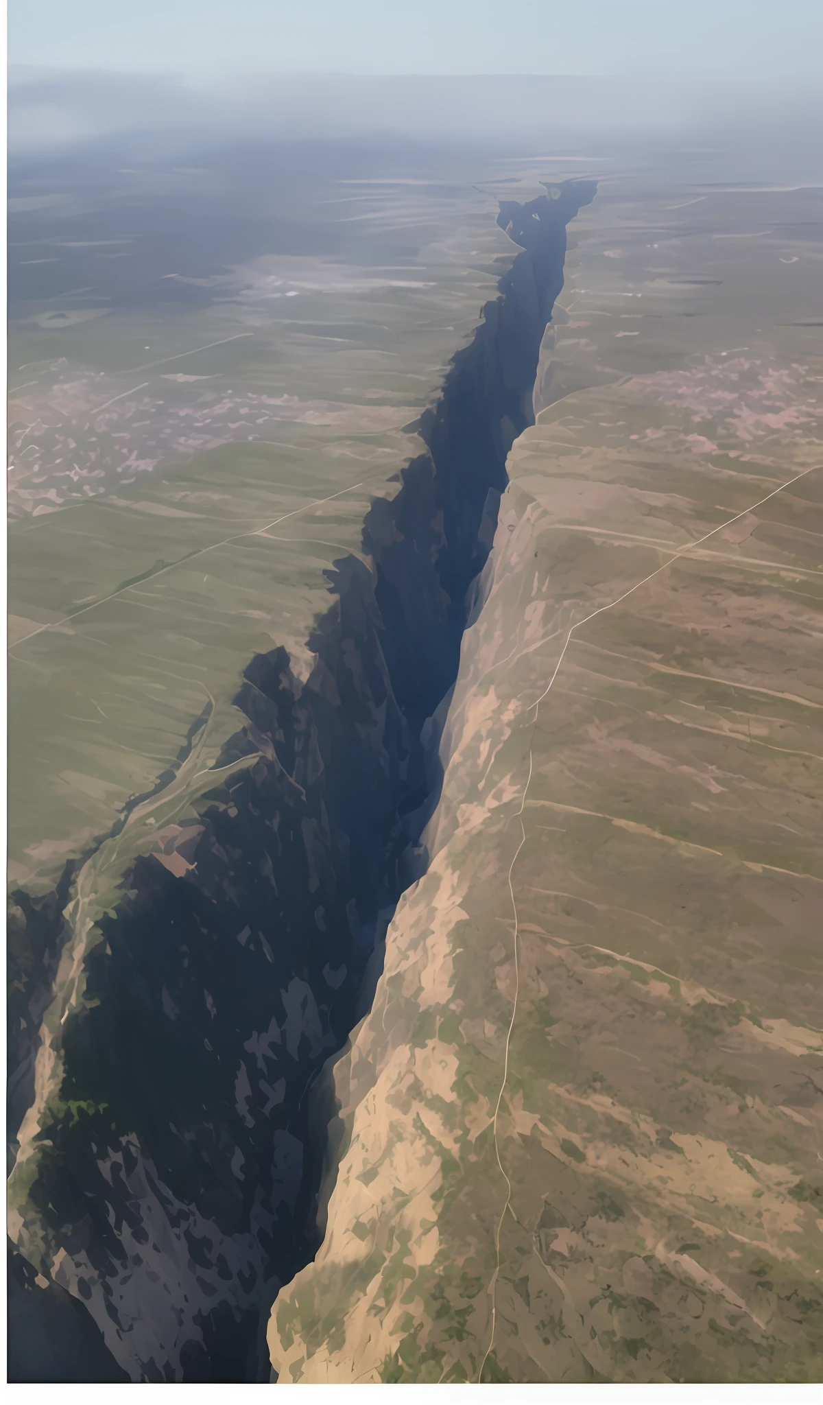 arafed view of a long narrow river running through a valley, huge chasm, cut into the side of a mountain, amazing depth, a gigantic wall, incredible depth, gigantic landscape!, huge, perspective shot from the sky, landslides, cant believe it is real, it's very huge, big, /r/earthporn, a huge