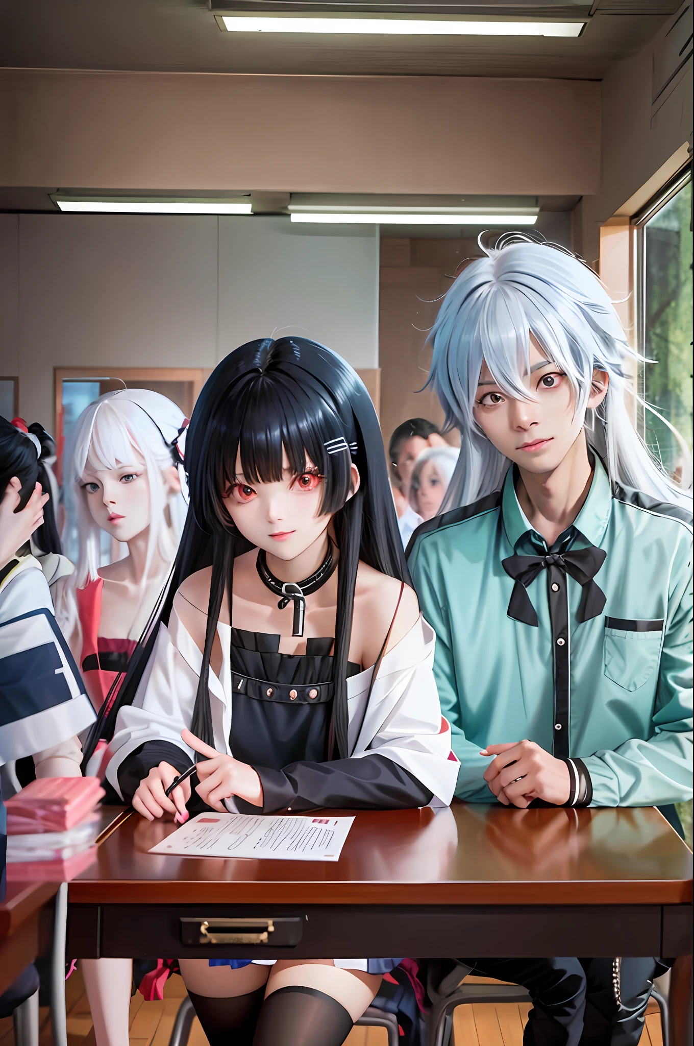 Six anime characters in the classroom, white hair anime boy, black hair anime girl, black hair long hair anime girl