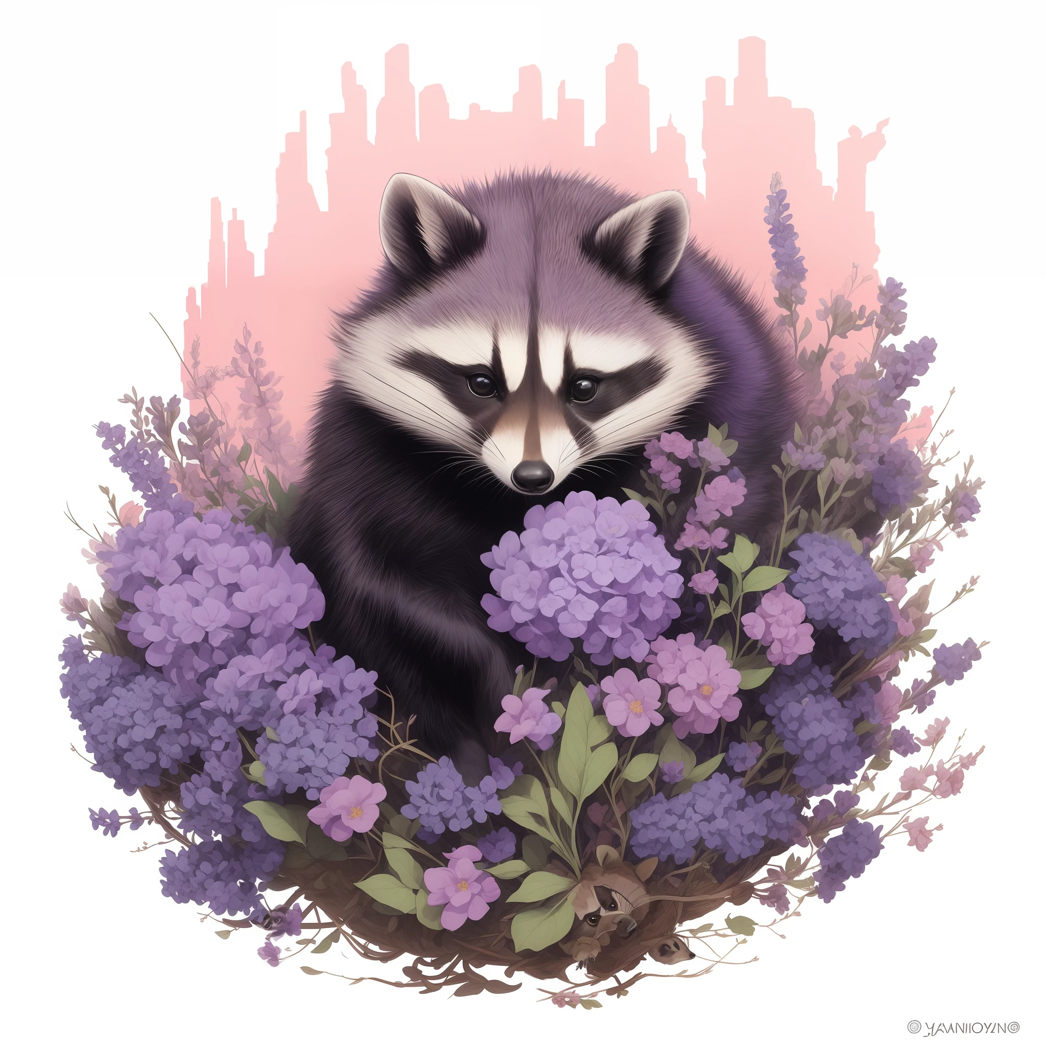 painting of a raccoon in a flower bed with purple flowers, by Ryan Yee, racoon, jen bartel, anthropomorphic racoon, full color illustration, raccoon, extremely detailed raccoon, rocket raccoon, by Justin Gerard, by Marten Post, jean-sebastien rossbach, cute detailed artwork, by Adam Marczyński, jinyoung shin art