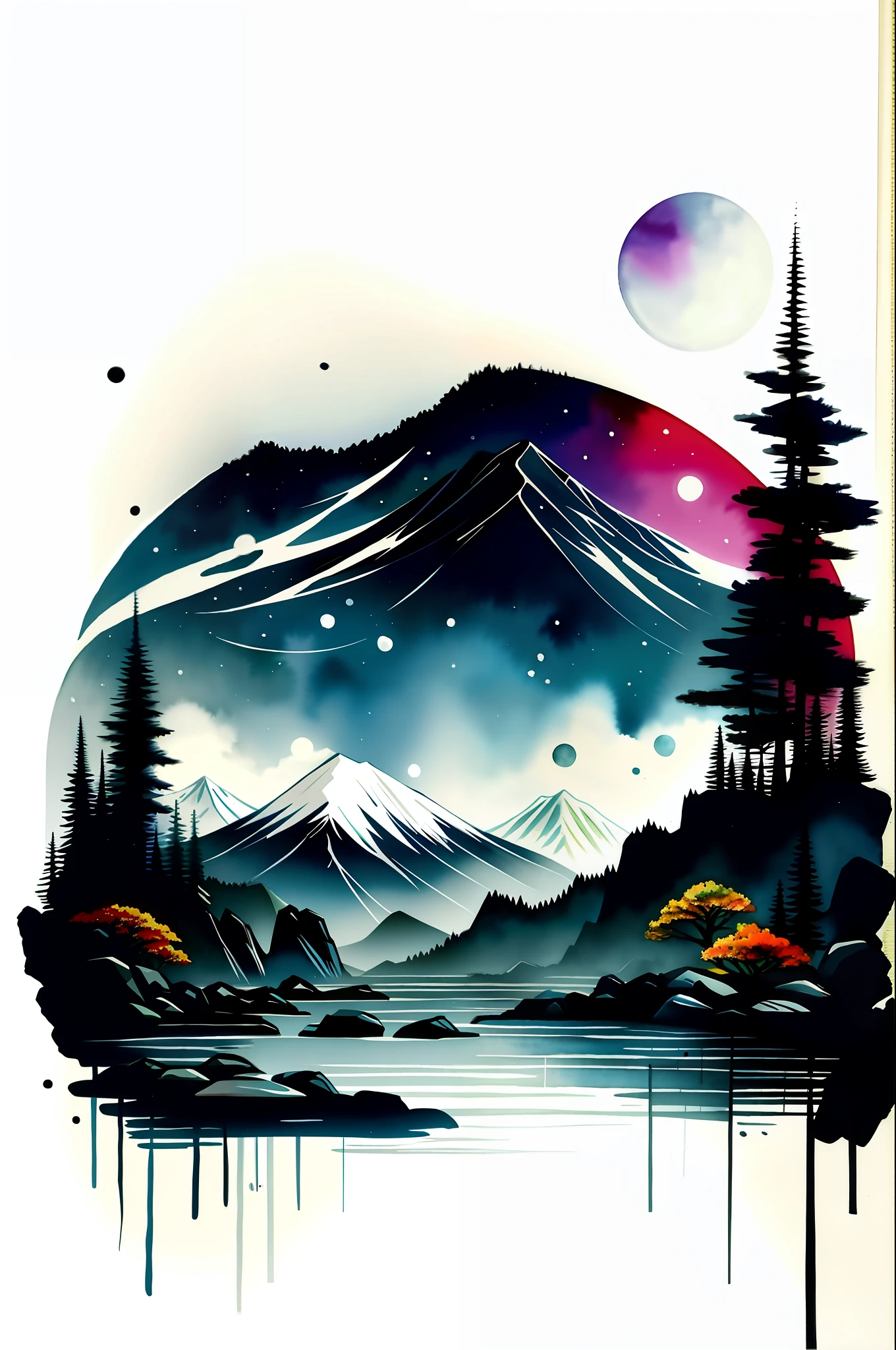 white background, scenery, watercolor, mountains, water, trees, moon, colorful,