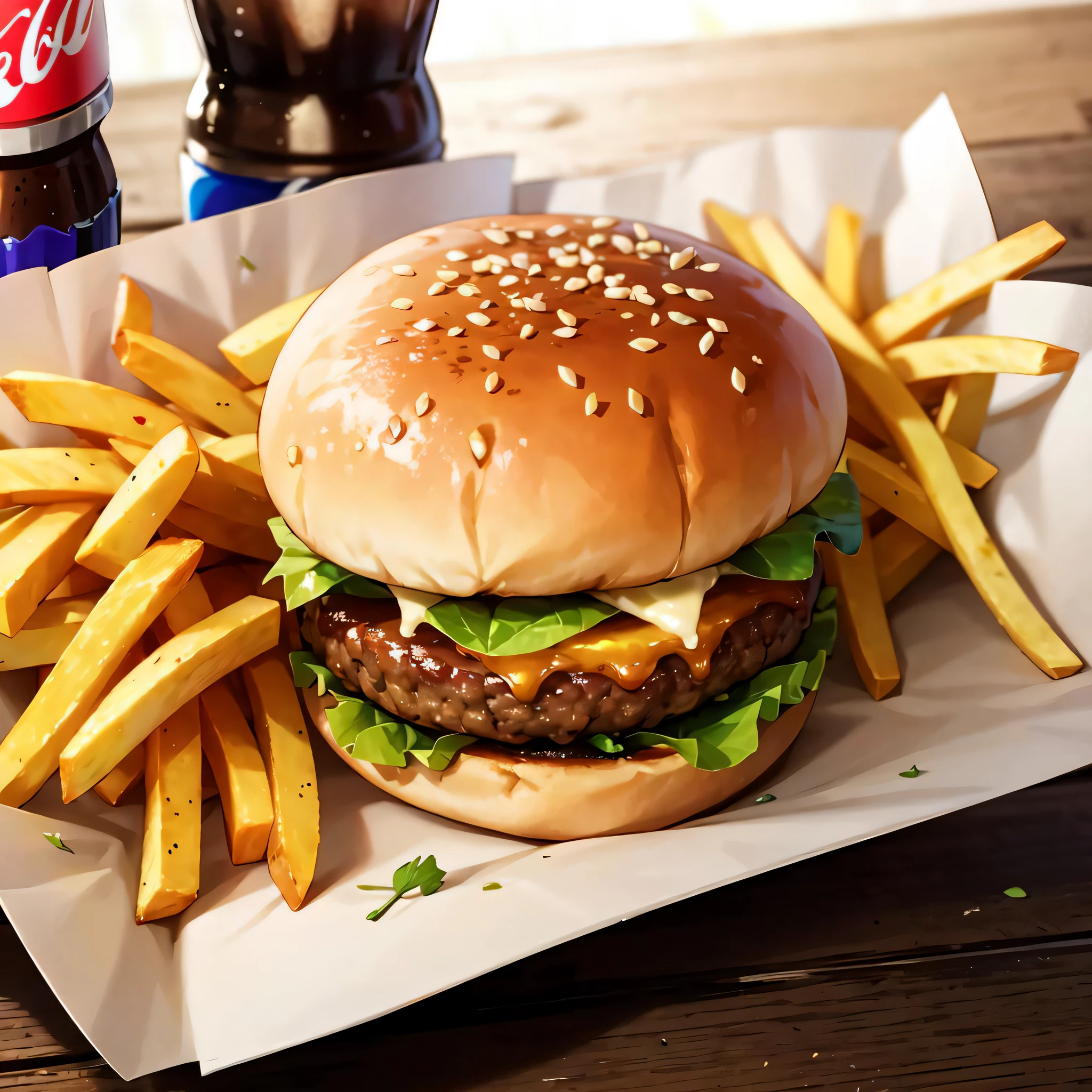 Hamburger, coca-cola, French fries