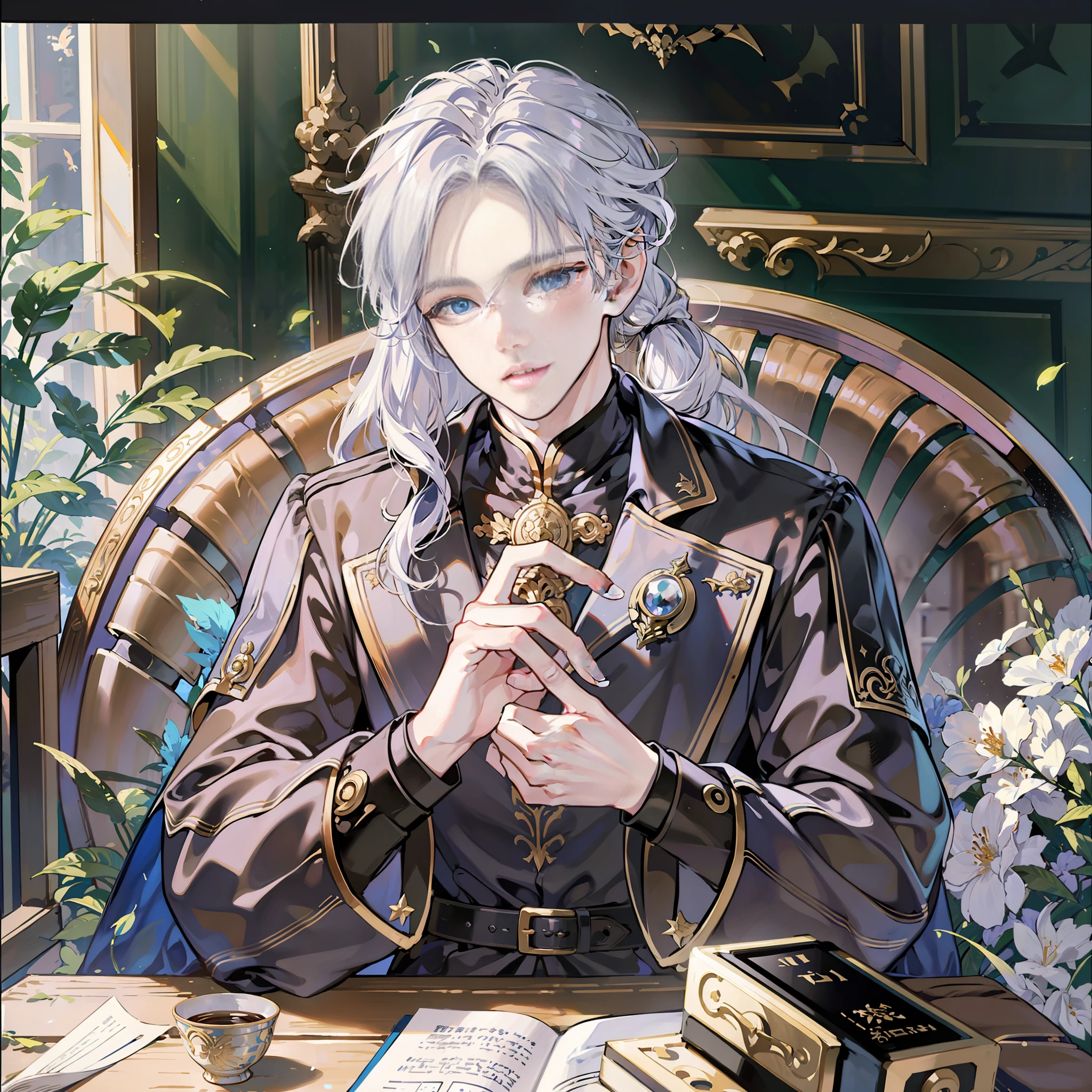 Super handsome 20-year-old man with long white hair, pale skin, blue eyes, dressed in medieval prince's clothes, fantasy dark novels, medieval stories, romance-TV screen surrealism, realism or complex details, 8k, Sony Alpha α7, ISO1900, Leica M, porealistic, ultra-poreal, hyper-detailed, intricate detail, DSLR, Canon EF-S 10 - 18mm f/4. 5 - 5.6 are STM lenses, ISO 150, shutter speed 1/ 125s, DSLR, 50mm lens f/ 2. 8. Shutter speed 1/60, soft light source, ultra-realistic texture