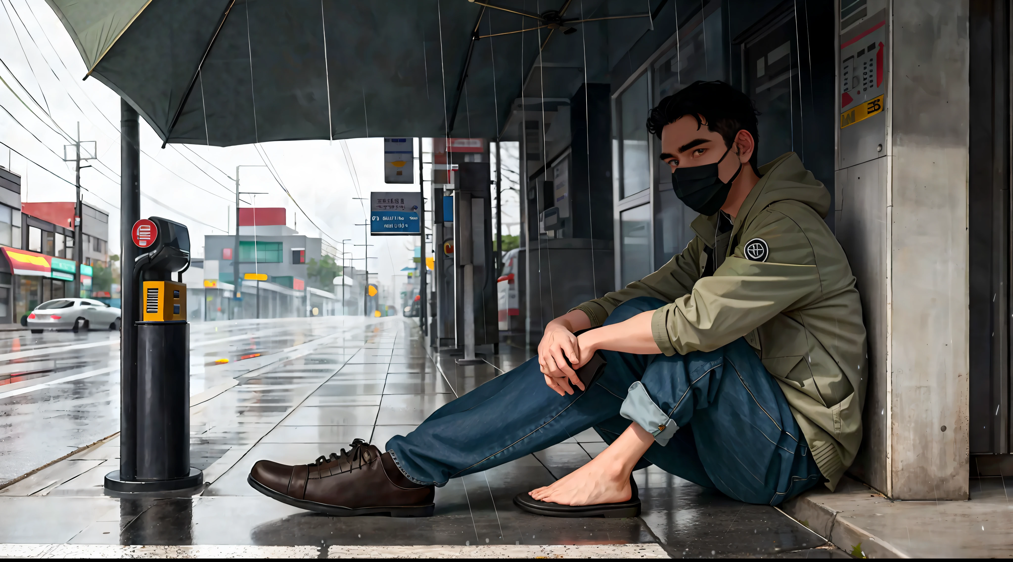 (full body:1.1), Photograph, highest quality, (grime:1.1), (man:1.2), (old:1.1), highly detailed face and eyes, (street corner:1.1), (from the side:1.1), gas station, (face mask:1.1), sitting on sidewalk, unique pose, magnum opus, masterpiece, morose face, raytracing, highly detailed face, realistic face, highly detailed eyes, black hair, pontytail, vsco, monochrome, muted colors, (raining:1.2)