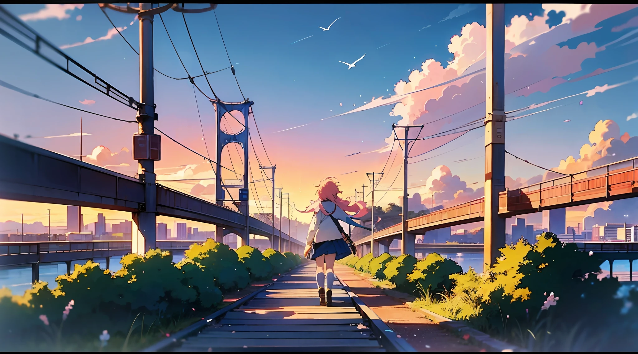 Anime Girl Walking On A Bridge With A City In The Background SeaArt AI