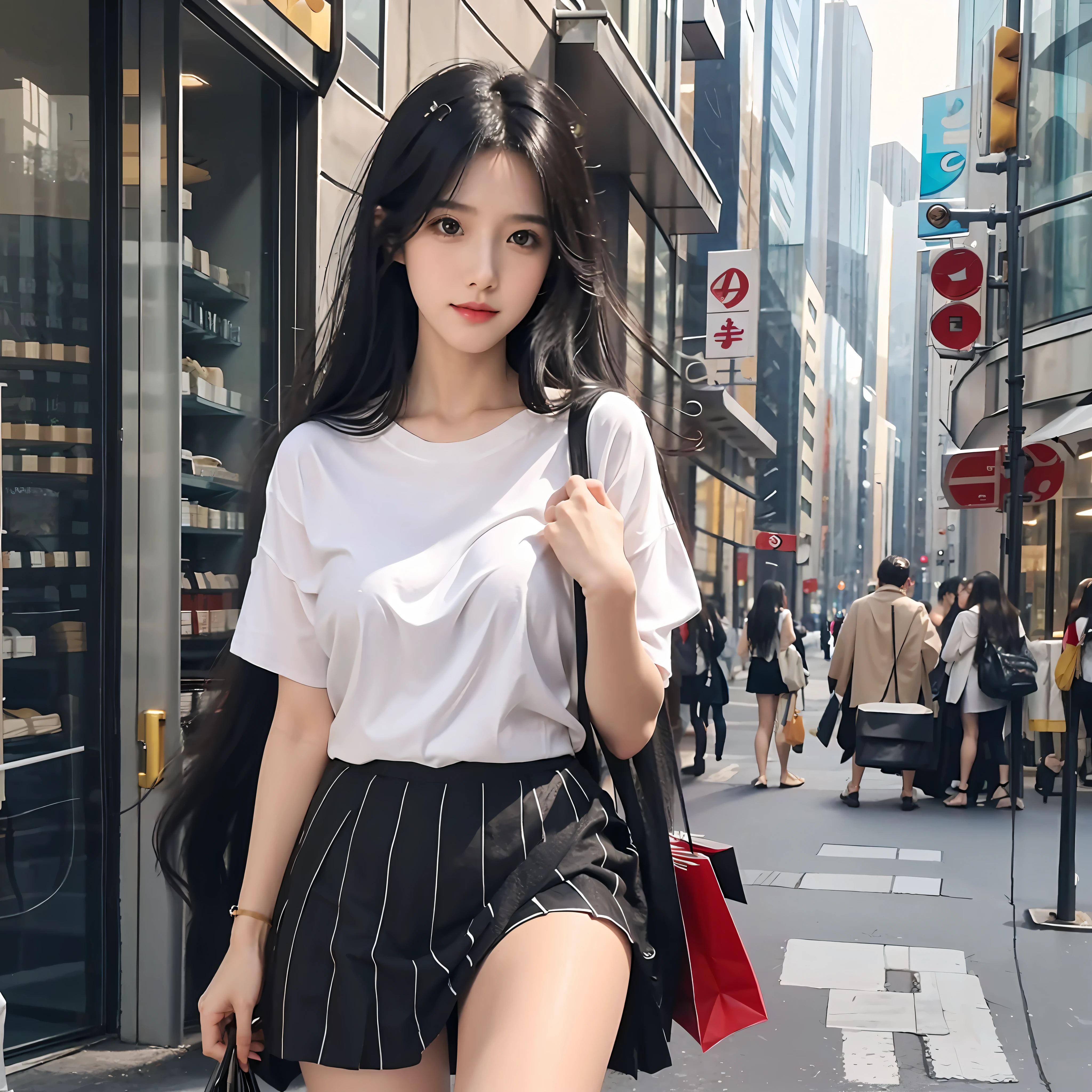 A beautiful woman in a short skirt white T-shirt, long legs, slender figure, white and tender skin, large breasts, long black hair, shopping, holding a bag in her hand, hair shawl, flowing hair, Korean face, realistic details, --auto --s2