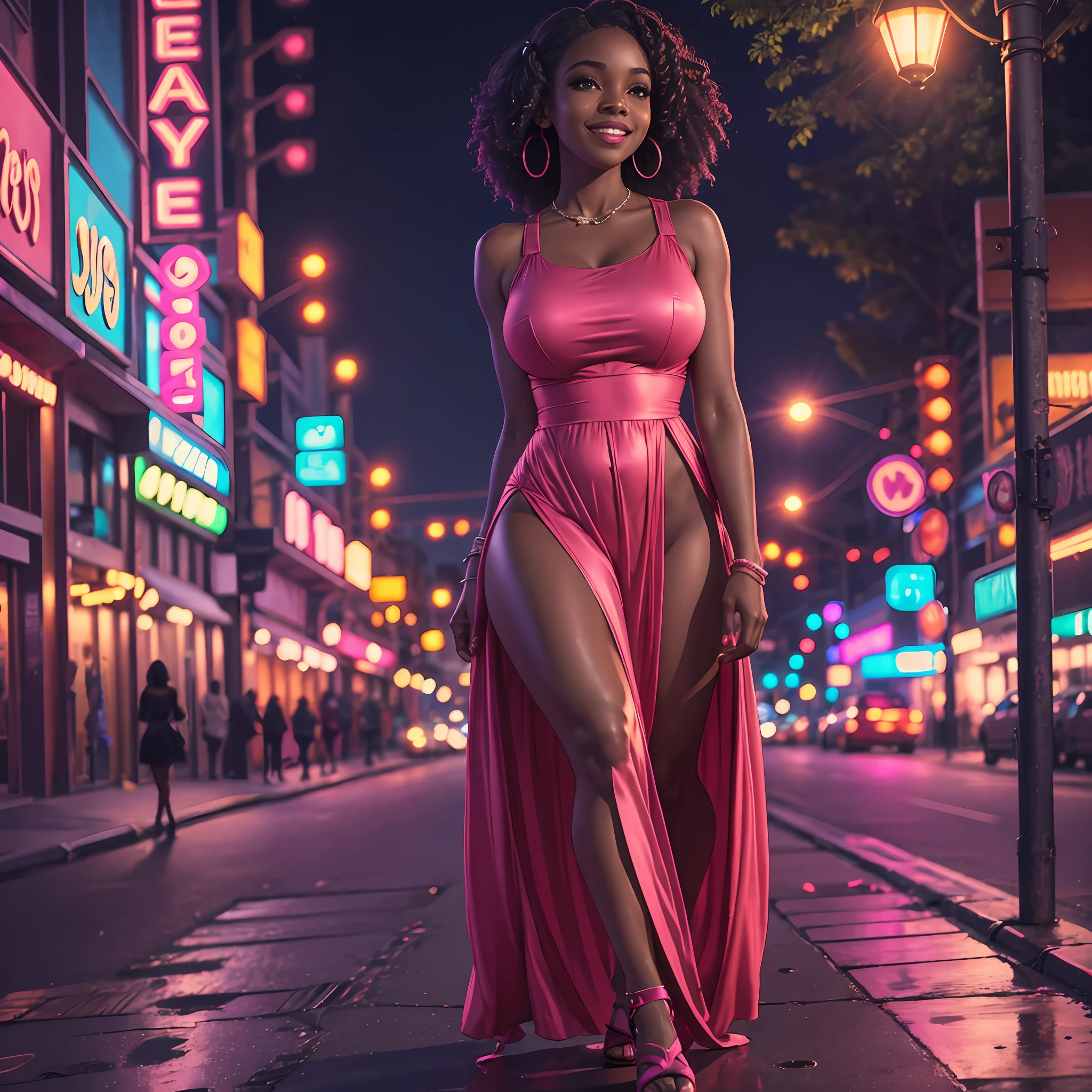 Photography, at night, Black woman, whole pink dress, medium breasts, full body, walking on the street, camera direction, smile on lips, super realistic, full of details, neon lights, HD, 8k --auto --s2