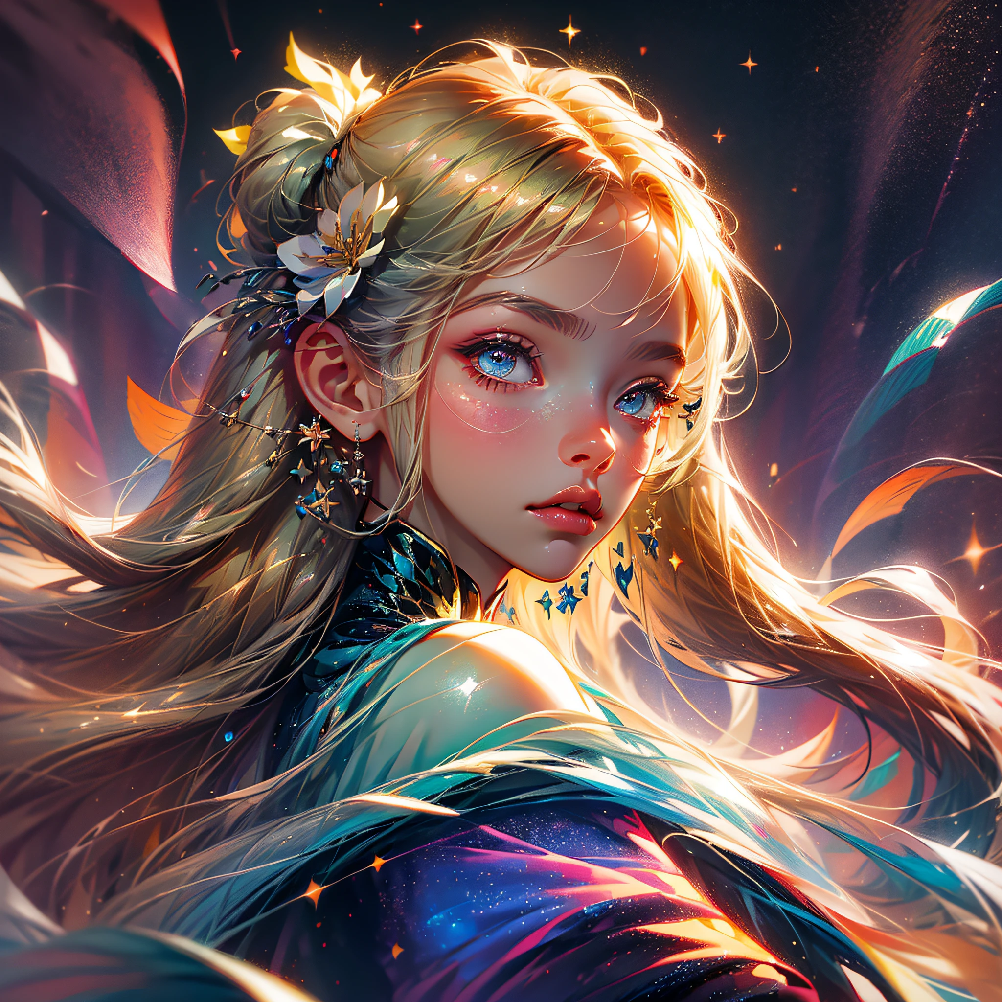 (best quality, masterpiece), 1girl, galaxy, glitter, dress, particle, wind, flower, upper body, dark simple background, looking at viewer, blonde, --auto --s2