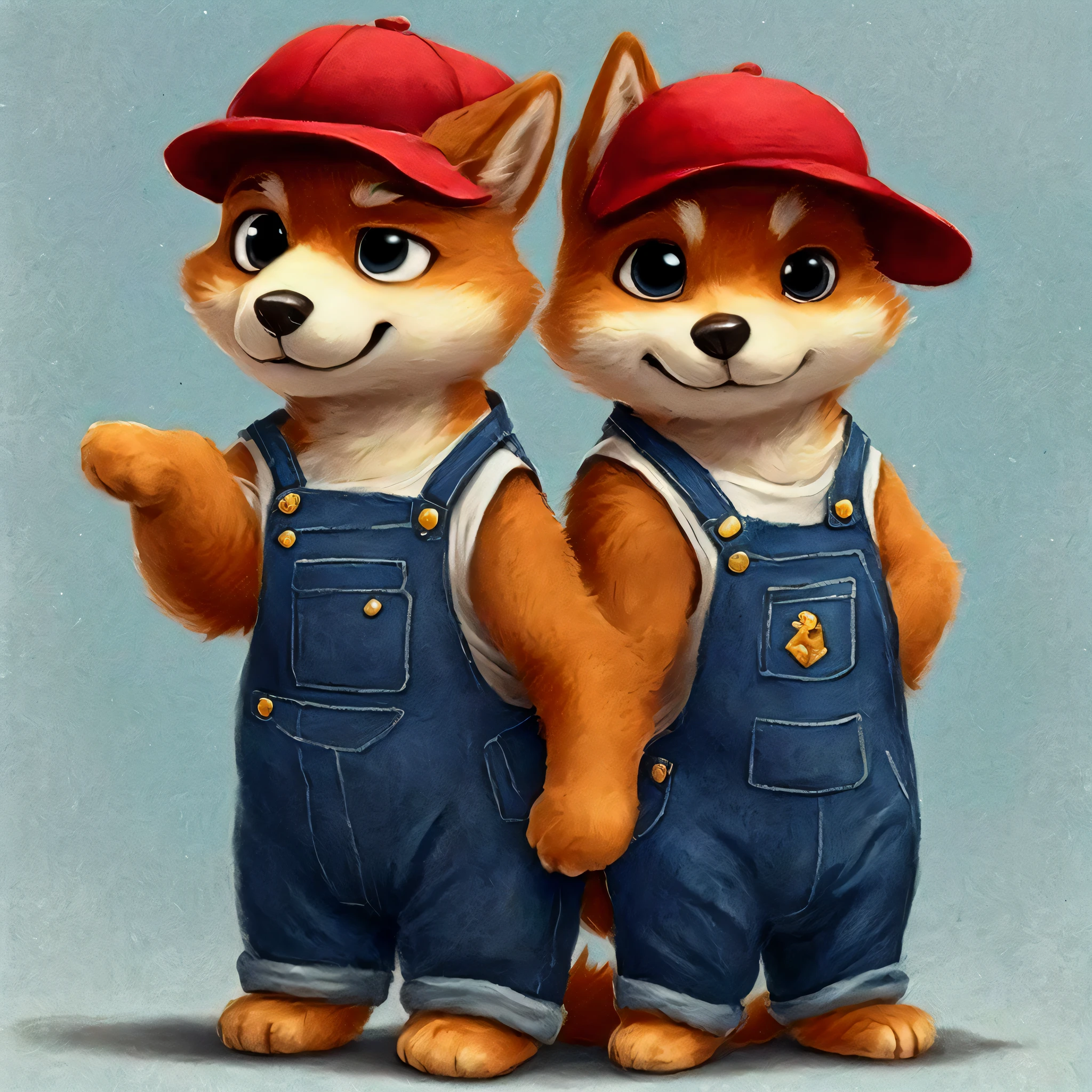 Only one head and face, Shiba Inu dwarf wearing blue denim overalls and white plain t-shirt and red hat, adorable digital painting, cute cartoon painting art,