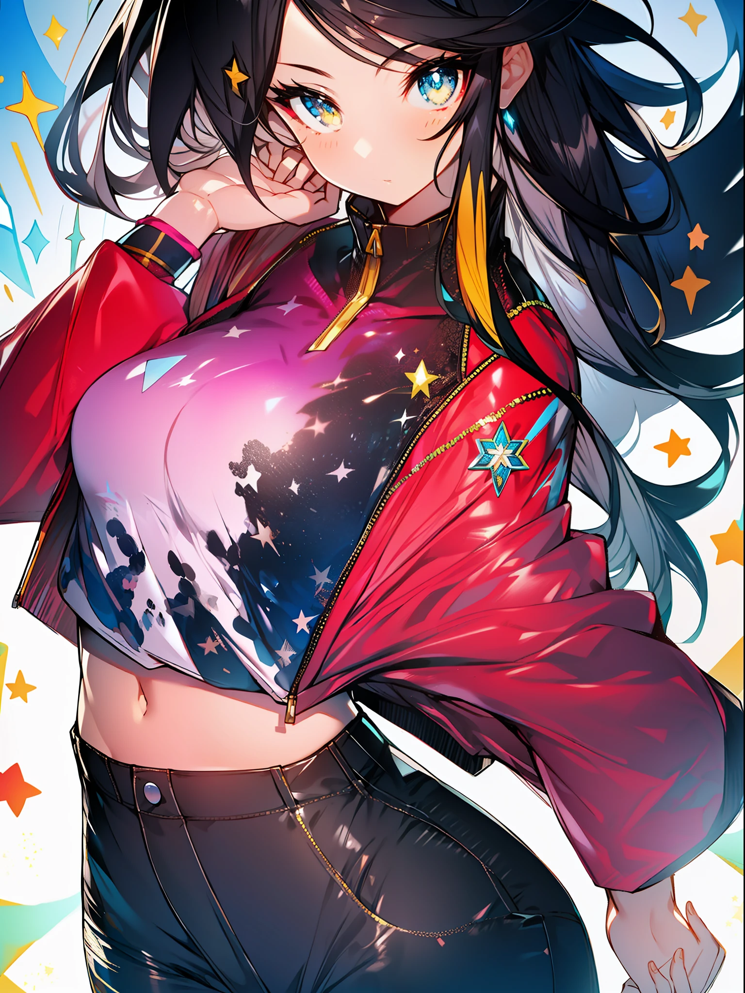 background, mixed language_text, Japanese letters in graphite, man, long black hair gradient, excellent lighting, side lighting, perfect end (gradient colors: 1.3), (magazine_cover: 1.4), (multicolored_background: 1.3), :: discs with sharp and shiny blades in the hand :: circular pieces of white metals glued to the ultra detailed arms coming out shimmering glow, star design stamped in the middle of the t-shirt,  perfect and detailed, ultra detailed shirt with abstract design and with Japanese letter print in graphite of the sides of the clothing, jeans used, with immersive effects, hover effect, graphite background style flowers with flowers and vibrant colors, "ultra" HDR detailed and with focus effect, (masterpiece: 1.2, best quality), (beautiful finely detailed emerald-yellow eyes: 1.2), , ((Solo)),  (Finely detailed eyes and detailed face: 1.3), beautiful ultra-detailed eyes, linear light smile, graphite and tattoo style background, alone. midriff, skintight bodysuit with detailed tattoo style print, ultra-detailed red gradient leather jacket,, black skintight pants with ultra-detailed white and pink details, , ultra-detailed bracelets on the arms, , bracelet on the right arm with ultra bright red energy