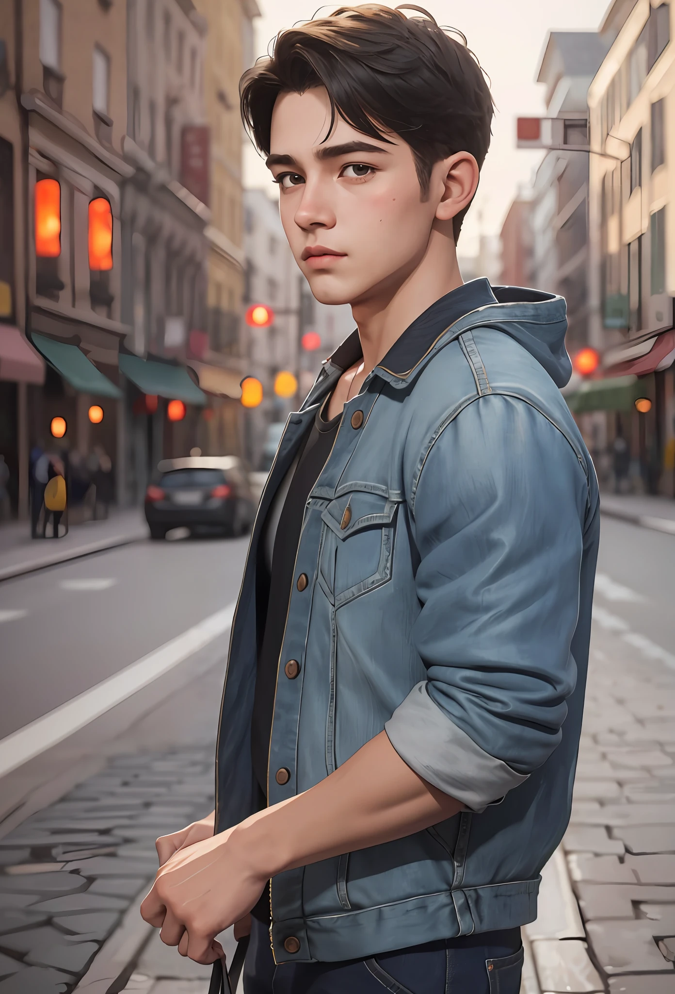 Masterpiece, best quality, (realistic, very detailed), boy, cute face, short hair, urban clothes, sensual, atmosphere, (realism: 1.5), 8k