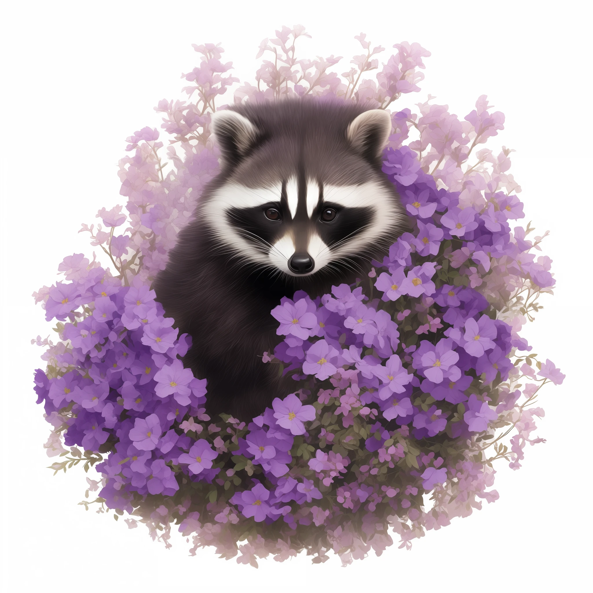 painting of a raccoon in a flower bed with purple flowers, by Ryan Yee, racoon, jen bartel, anthropomorphic racoon, full color illustration, raccoon, extremely detailed raccoon, rocket raccoon, by Justin Gerard, by Marten Post, jean-sebastien rossbach, cute detailed artwork, by Adam Marczyński, jinyoung shin art