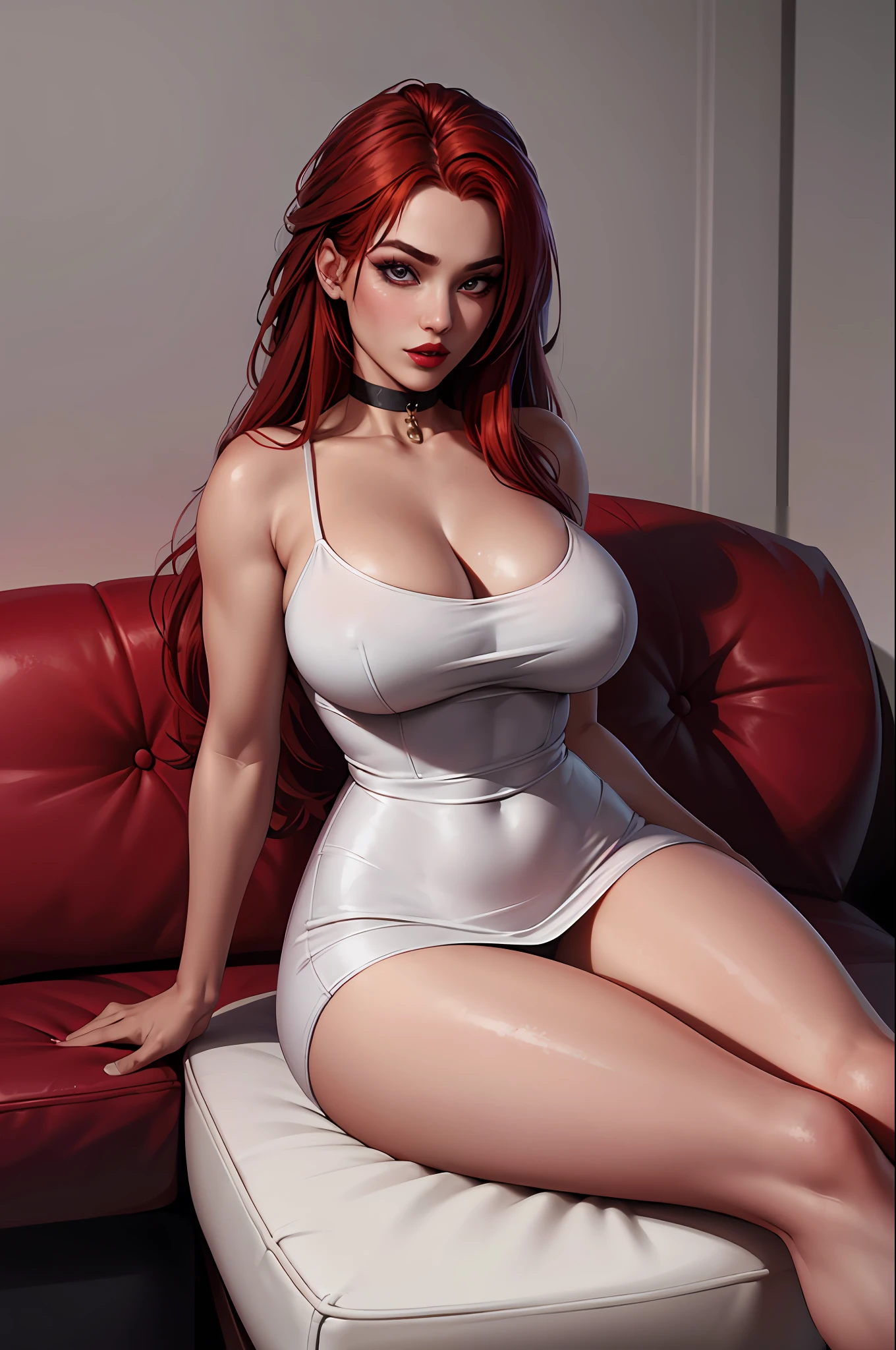 masterpiece, best quality, absurdres, 1girl, solo,
choker minidress, 1girl, pale, fair skin, bedroom, huge breasts, face, eyes, (red hair), (long hair), red lipstick, masterpiece, best quality, high heels, full body, sitting on a sofa, beautifully color-coded, heels, makeup,
intricate,
skin pores, detailed skin
(realistic:1.2), UHD, global illumination, high contrast