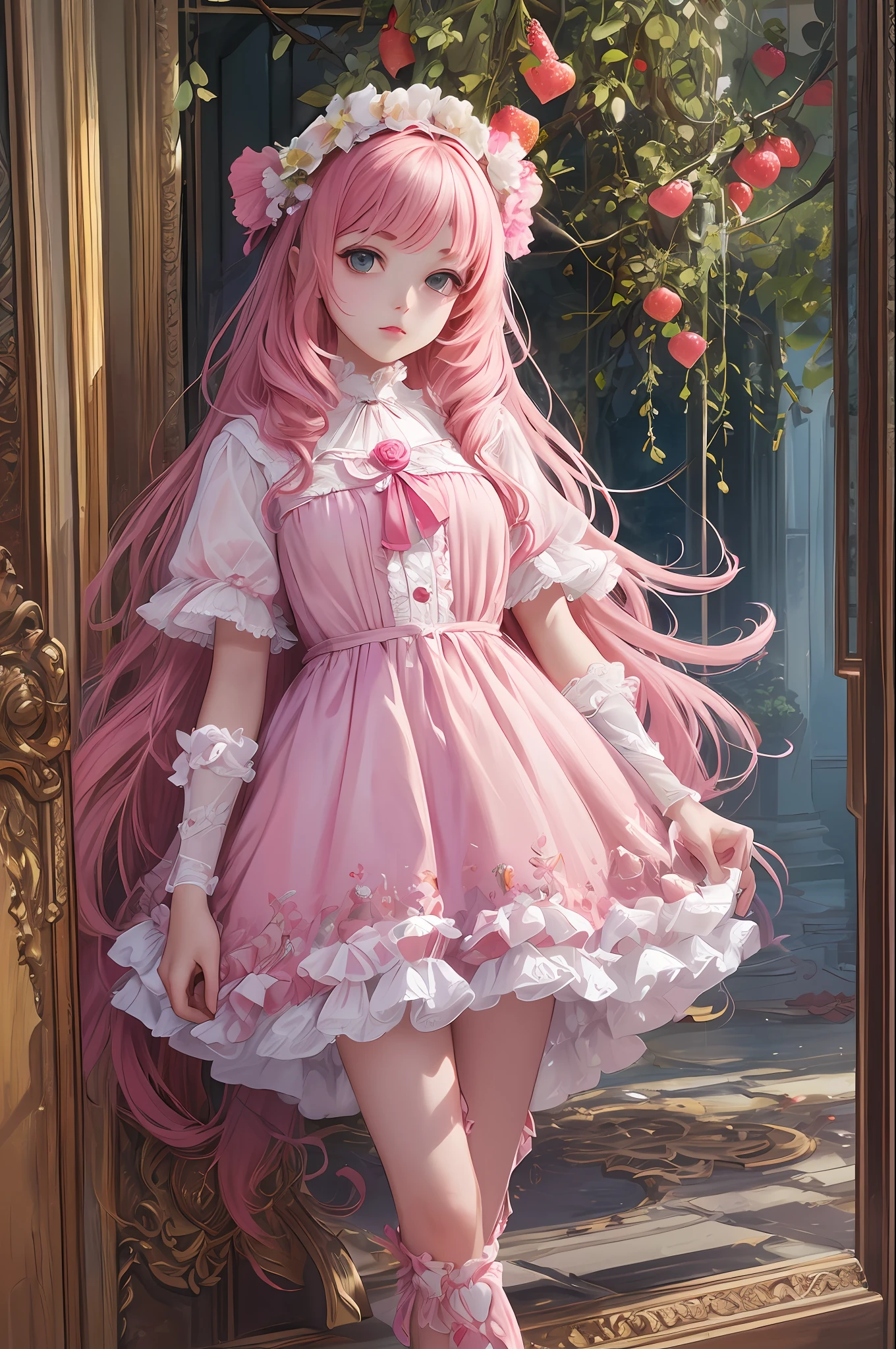 ( Absurd , High quality , ultra detailed, masterpiece, concept art, smooth, highly detailed artwork, hyper realistic painting ) Dreamy , Romantic , Vivid, girl , pink , strawberry shortcake character, cute , whole body ,