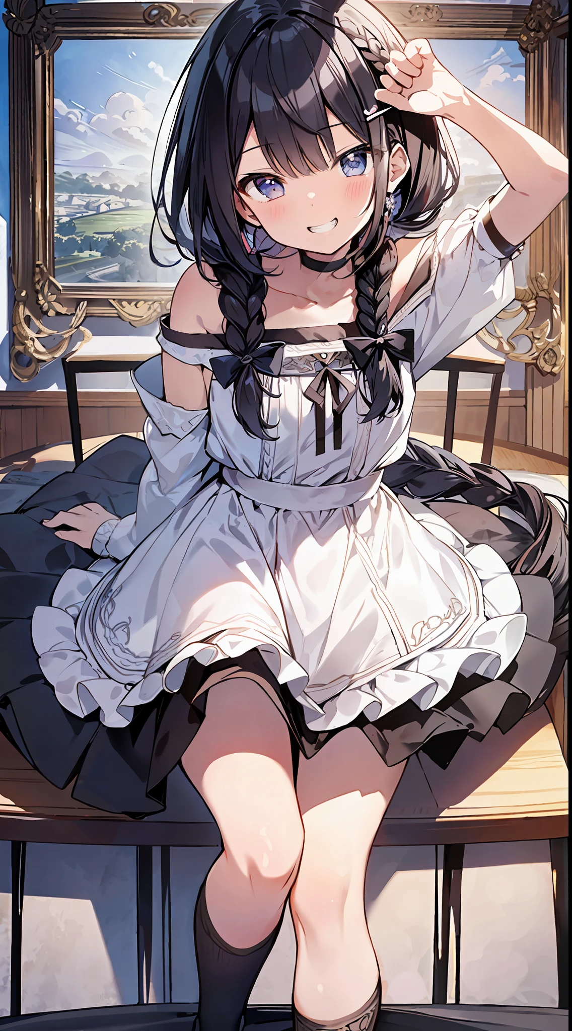 Best Quality, Best Masterpiece, Ultra High Definition, 8k, Crinoline, Shoujo Manga Style Loli, Single, Soft Line Art, Digital Enhancement, Shoujo Manga Touch, Shoujo Manga Core, Flowing Fabric, Close Up, ((Hair length to shoulder mouth and short braid)), staring at us from the front, soft drawing, Beautiful black hair, Clear eyes, grin, teeth, wide mouth, ultra-detailed digital anime art, clear face depiction, ultra-detailed shoujo manga character art, ultra-detailed manga style, top quality colors, hand gestures, foot-up angles, indoor