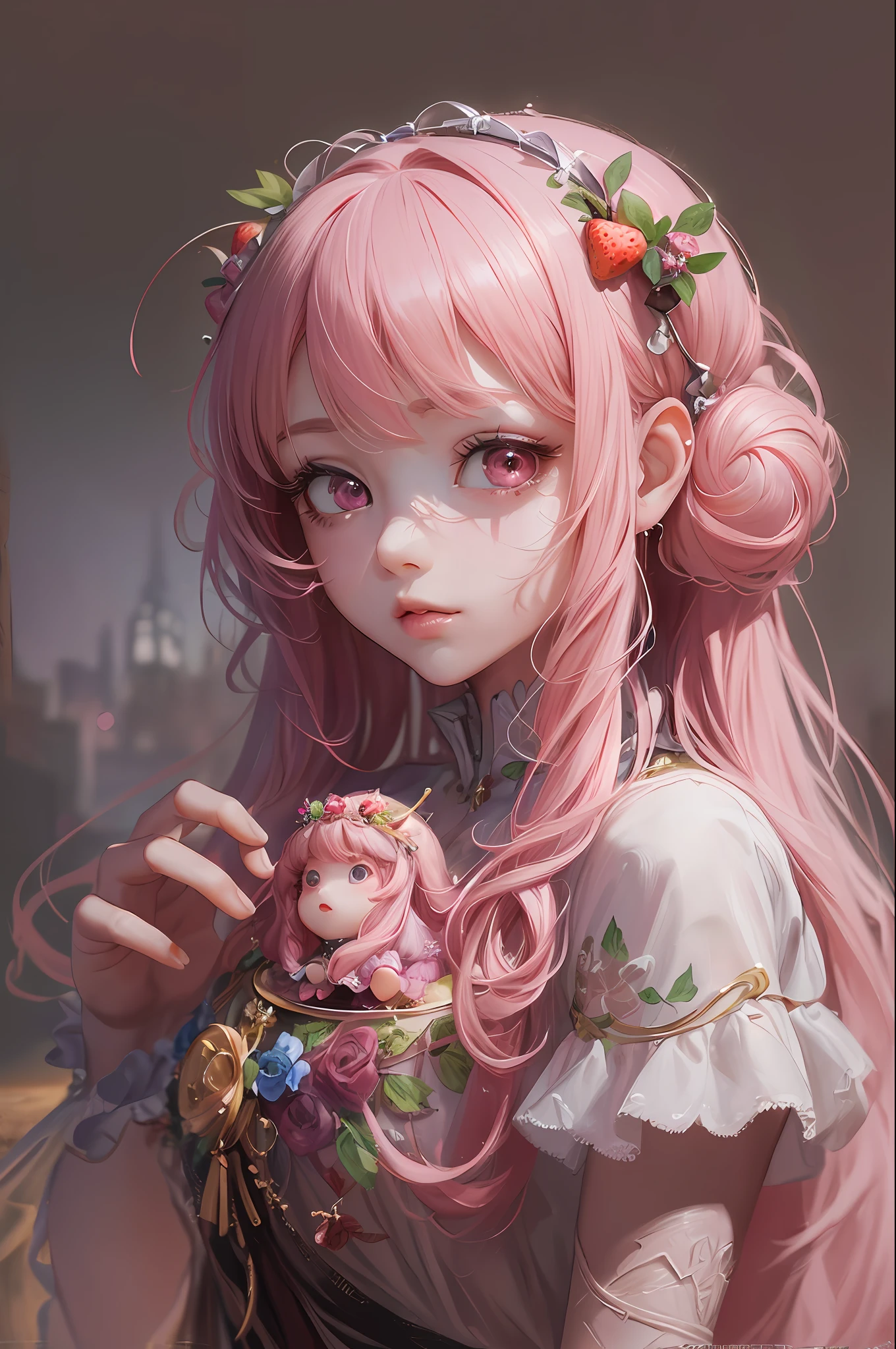 ( Absurd , High quality , ultra detailed, masterpiece, concept art, smooth, highly detailed artwork, hyper realistic painting ) Dreamy , Romantic , Vivid, girl , pink , strawberry shortcake character, cute , whole body ,