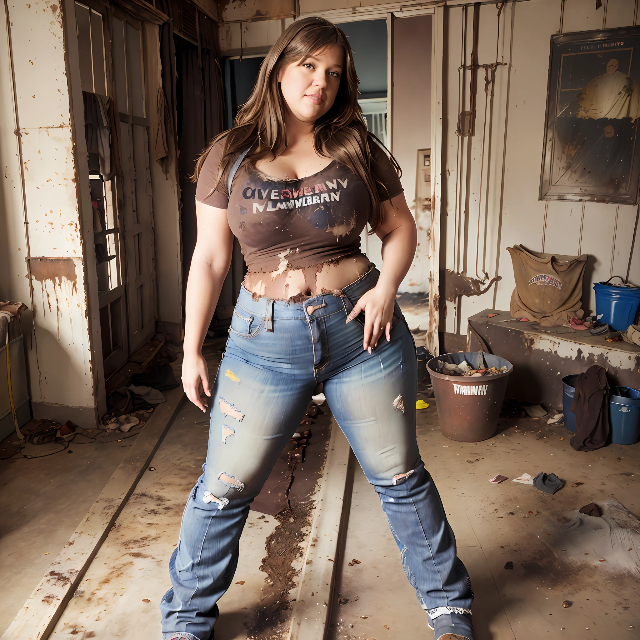 ((Overweight)) ((chubby)), Kelly Clarkson, small breasts, long brown hair, wearing jeans, blouse, boots, standing in a living room, filthy dirty clothes, covered in dirt ((dirty clothes:1.3)) (((full body shot))) (((full length))) (masterpiece) ((cinematic look))