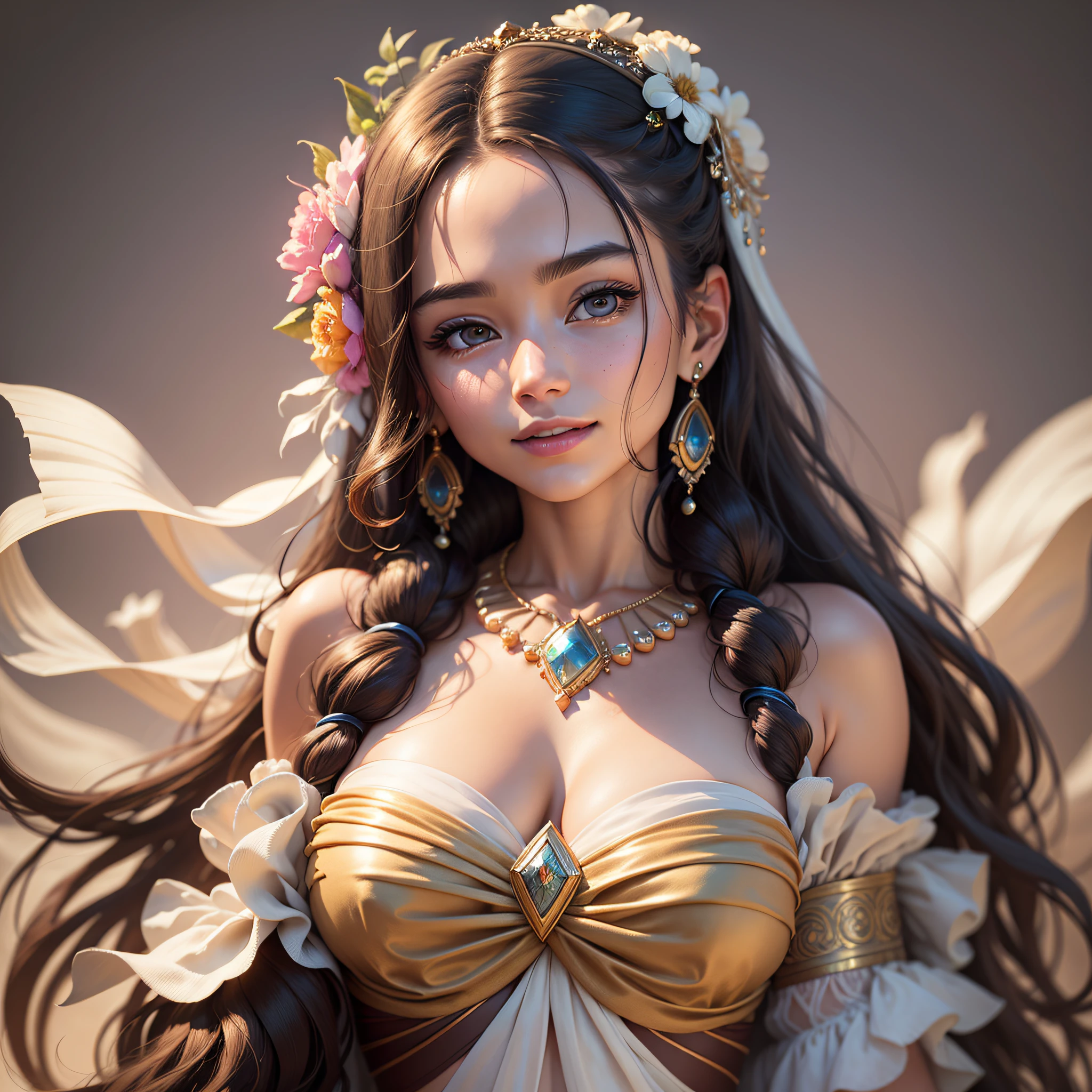 Best quality, masterpiece, high resolution, 1girl, clear silk porcelain dress, beautiful face, hair accessories, looking at the audience, smiling, close your mouth, lips, dress, hair accessories, necklaces, jewelry, long hair, earrings, beautiful face, on the body, Tindal effect, realism, dark studio, edge lighting, two-tone lighting, (high detail skin: 1.2), 8k UHD, DSLR, soft light, high quality, volumetric lighting, photo, high resolution 4K, 8k, blurred background --auto --s2