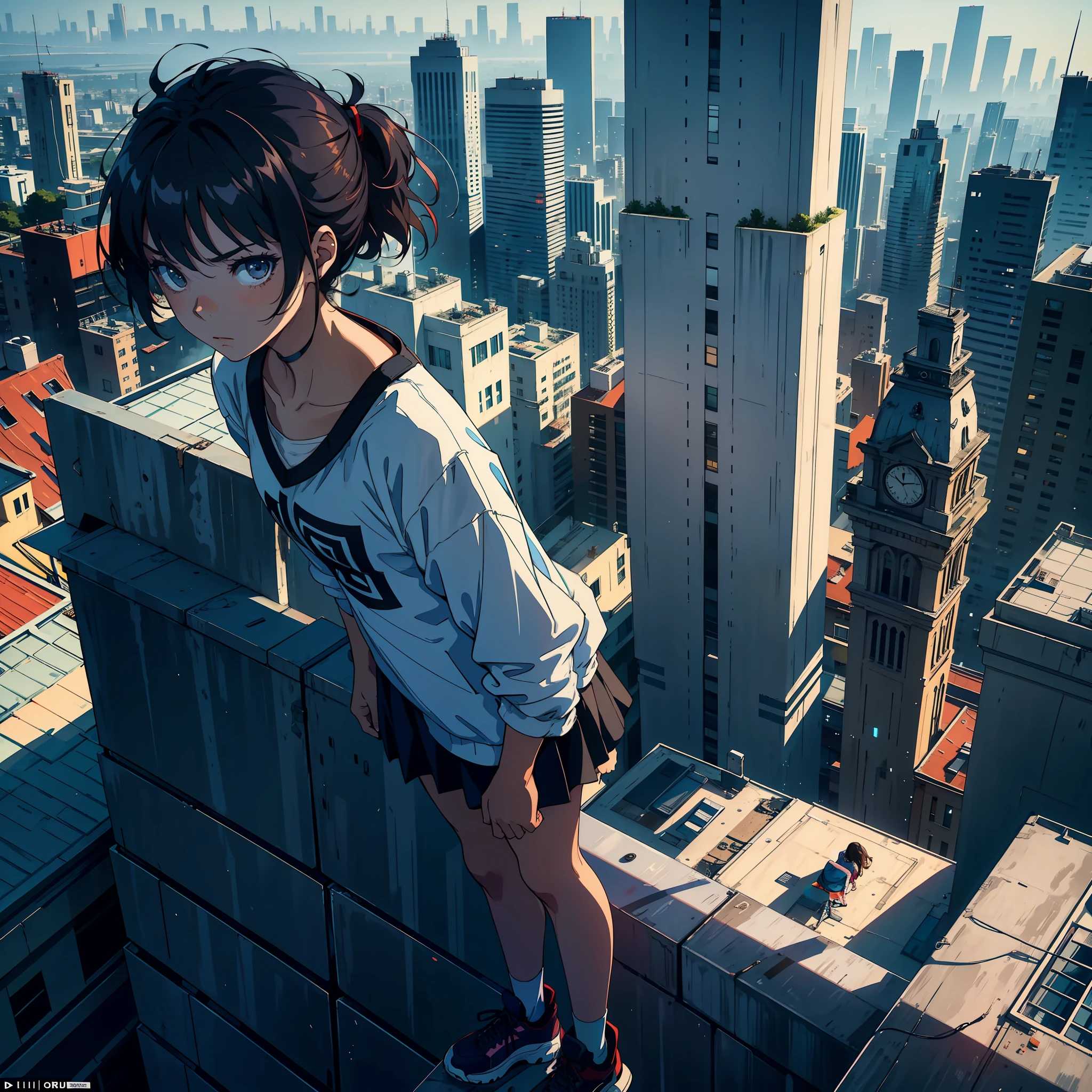 An 18-year-old girl stood on the edge of the rooftop, looking like she was about to jump, with a sad expression and a panoramic view