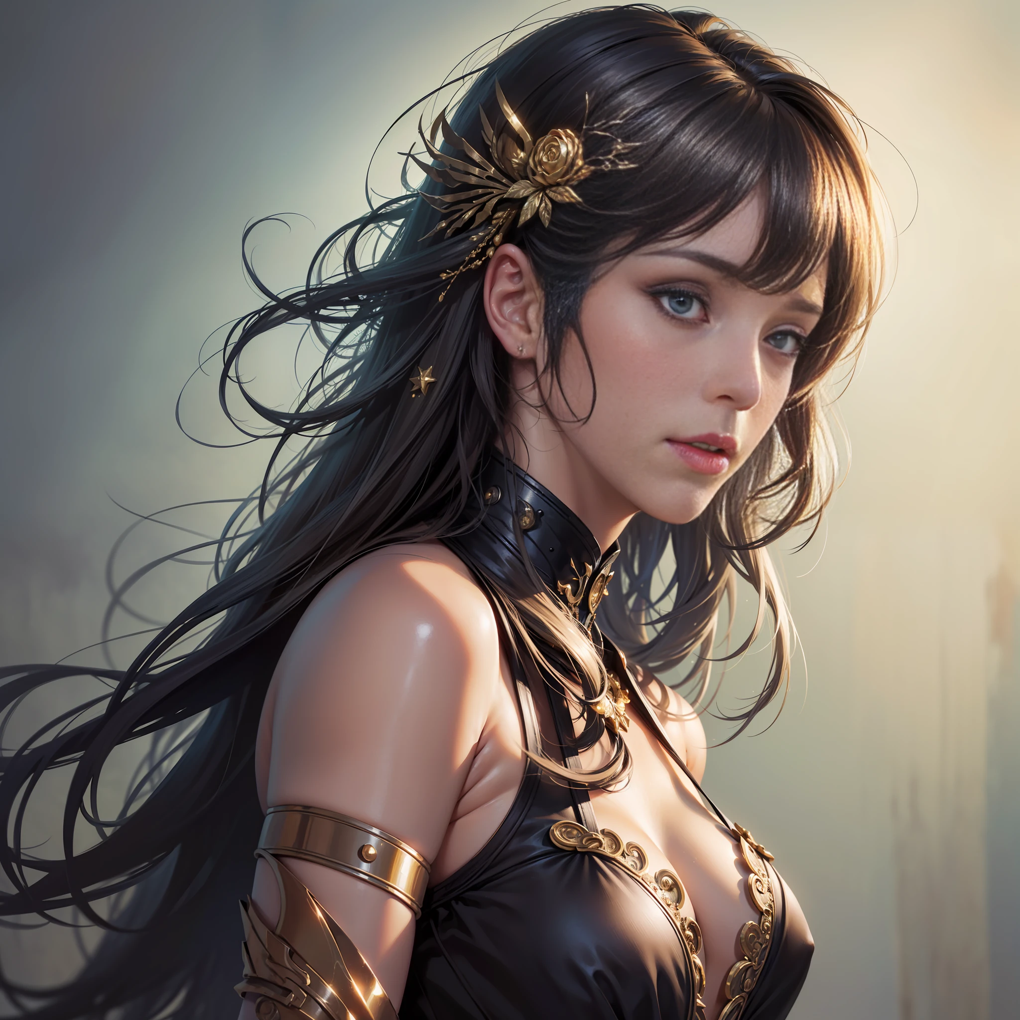 (RAW photo, best quality), (realistic, photo-realistic:1.3), best quality, highly detailed, masterpiece, ultra-detailed, illustration, 1girl, upper_body, dynamic angle, world mastery theater, messy_long_hair,best quality, extremely detailed CG unity