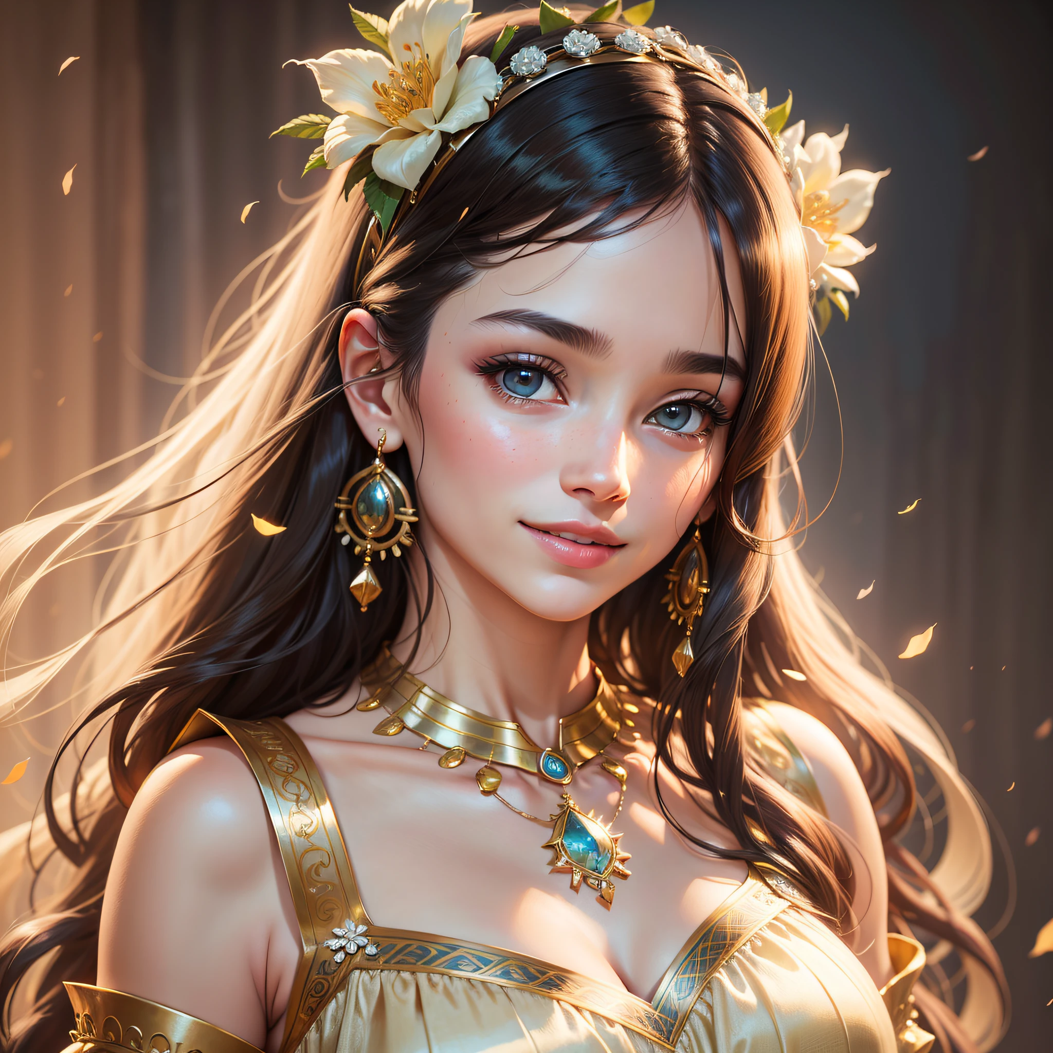 Best quality, masterpiece, high resolution, 1girl, clear silk porcelain dress, beautiful face, hair accessories, looking at the audience, smiling, close your mouth, lips, dress, hair accessories, necklaces, jewelry, long hair, earrings, beautiful face, on the body, Tindal effect, realism, dark studio, edge lighting, two-tone lighting, (high detail skin: 1.2), 8k UHD, DSLR, soft light, high quality, volumetric lighting, photo, high resolution 4K, 8k, blurred background --auto --s2