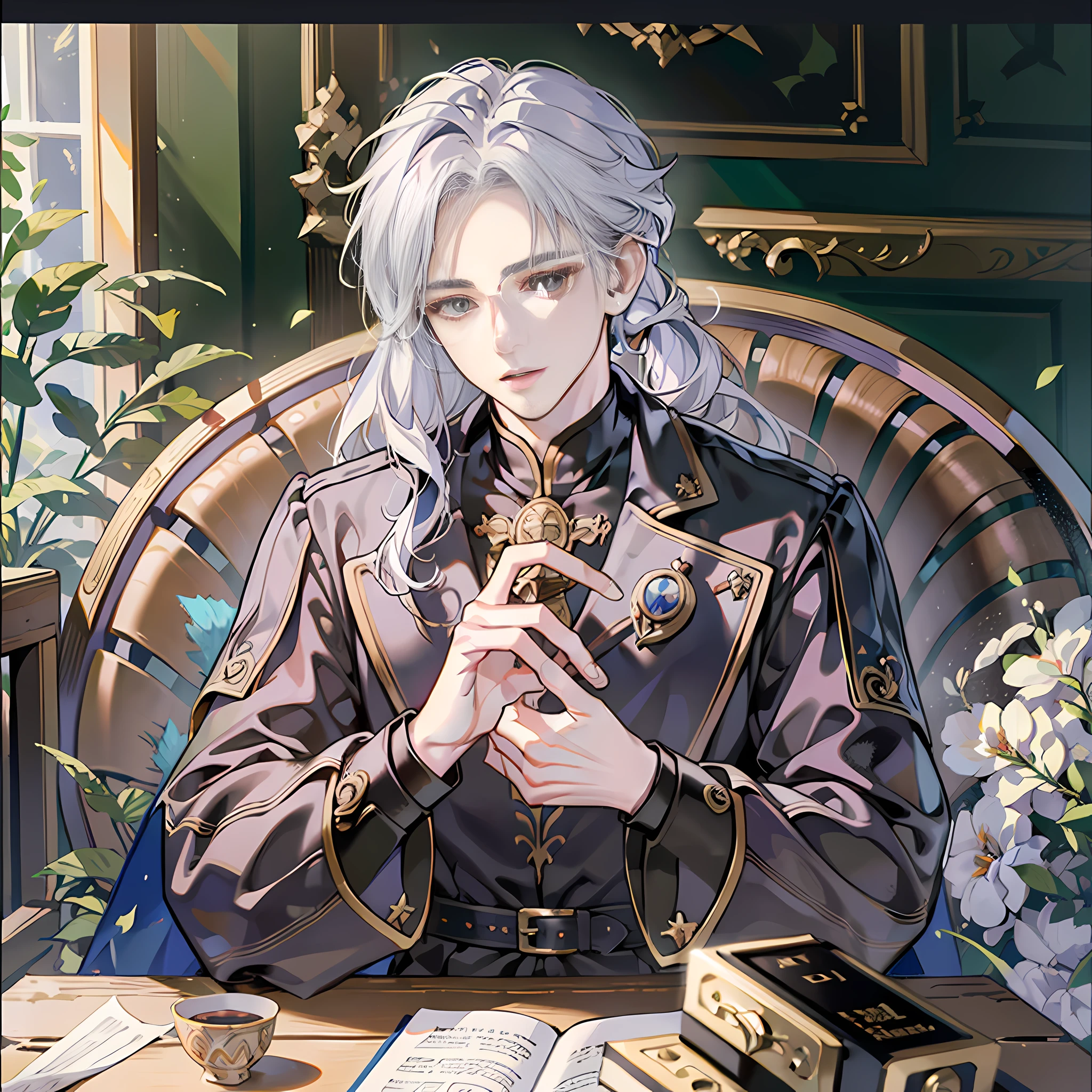 Anime - A man sitting at a table, portrait of a magical prince, highly detailed fine fan art, highly detailed official artwork, inspired by handsome guy Bian Shoumin in Demon Slayer art, illustrated by Yang J, xqc, official character