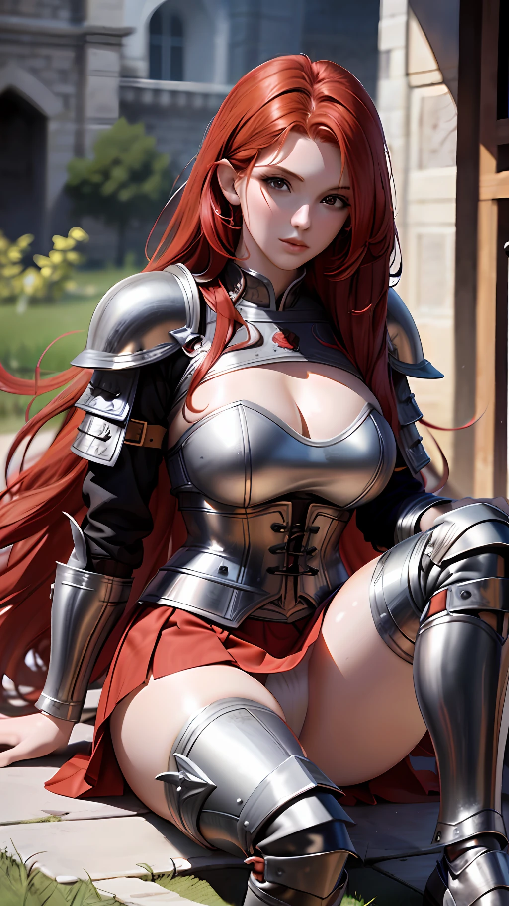 Redhead warrior, detailed, 1 girl, beautiful, 8k, artwork, ultra realistic, medieval costume, black armor, red skirt, miniskirt, sitting, legs open, , pantiesing, white panties, upskieltoe, thntyshot, RAW,