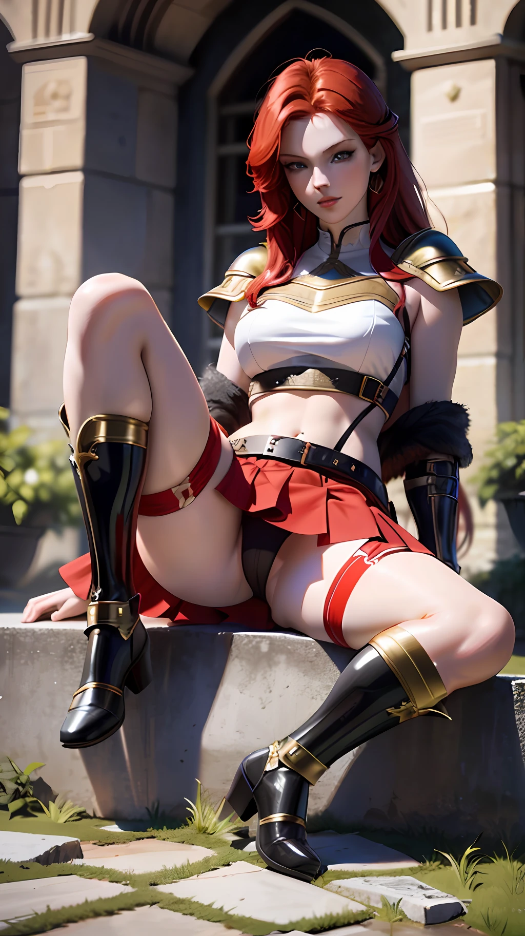 Redhead warrior, detailed, 1 girl, beautiful, 8k, artwork, ultra realistic, medieval costume, black armor, red skirt, miniskirt, sitting, legs open, panties, panties appearing, white panties, upskirt, cameltoe, thong, pantyshot, RAW,