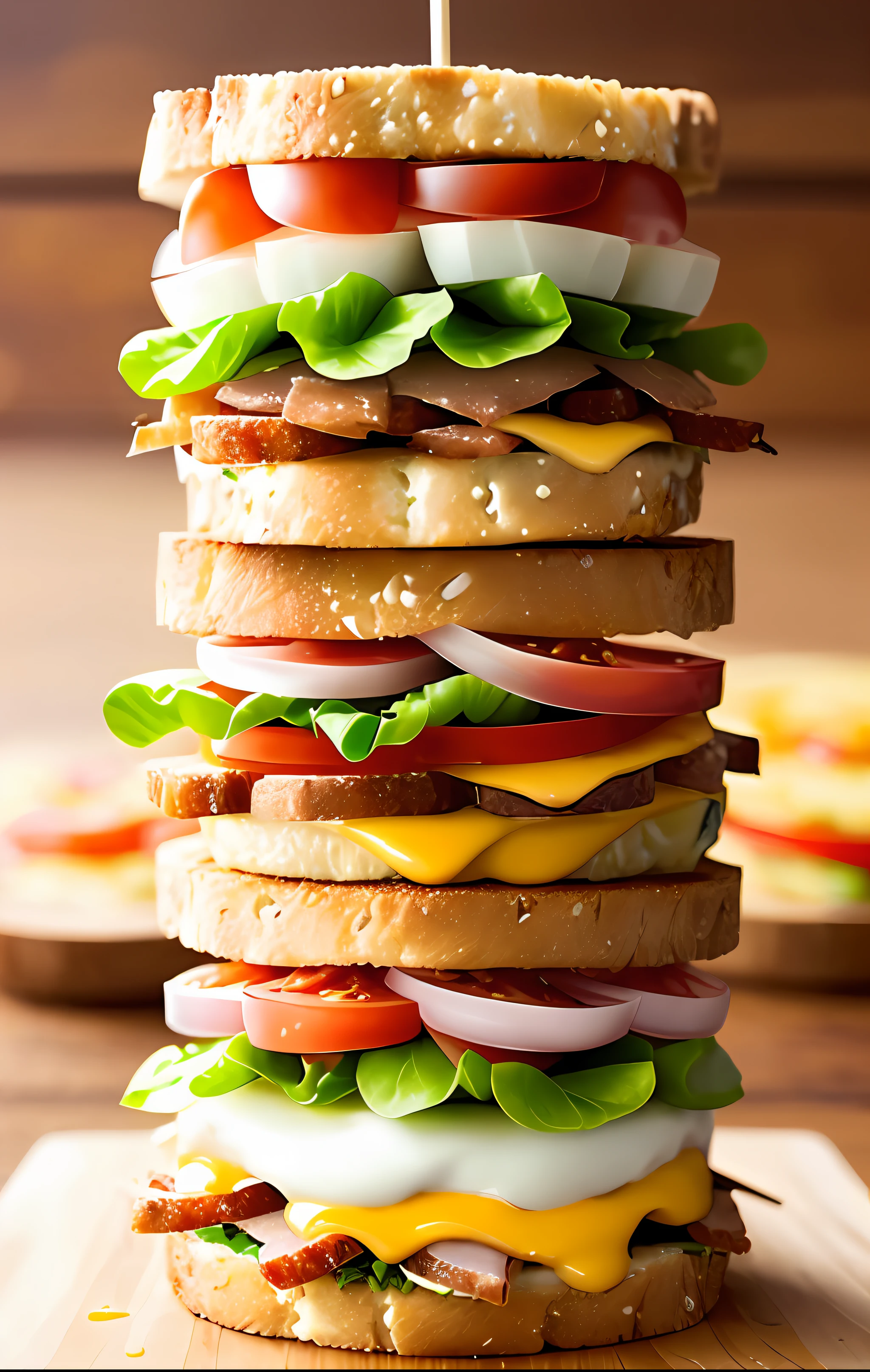 Create a realistic and mouth-watering AI art of a towering sandwich. Include layers of juicy, vibrant deli meats, crisp lettuce, juicy tomatoes, and melted cheese. Add comedic height with multiple layers of bread and additional toppings like pickles, onions, and olives. Use contrasting colors and textures to make it visually engaging, and add a playful touch with a toothpick flag at the top.