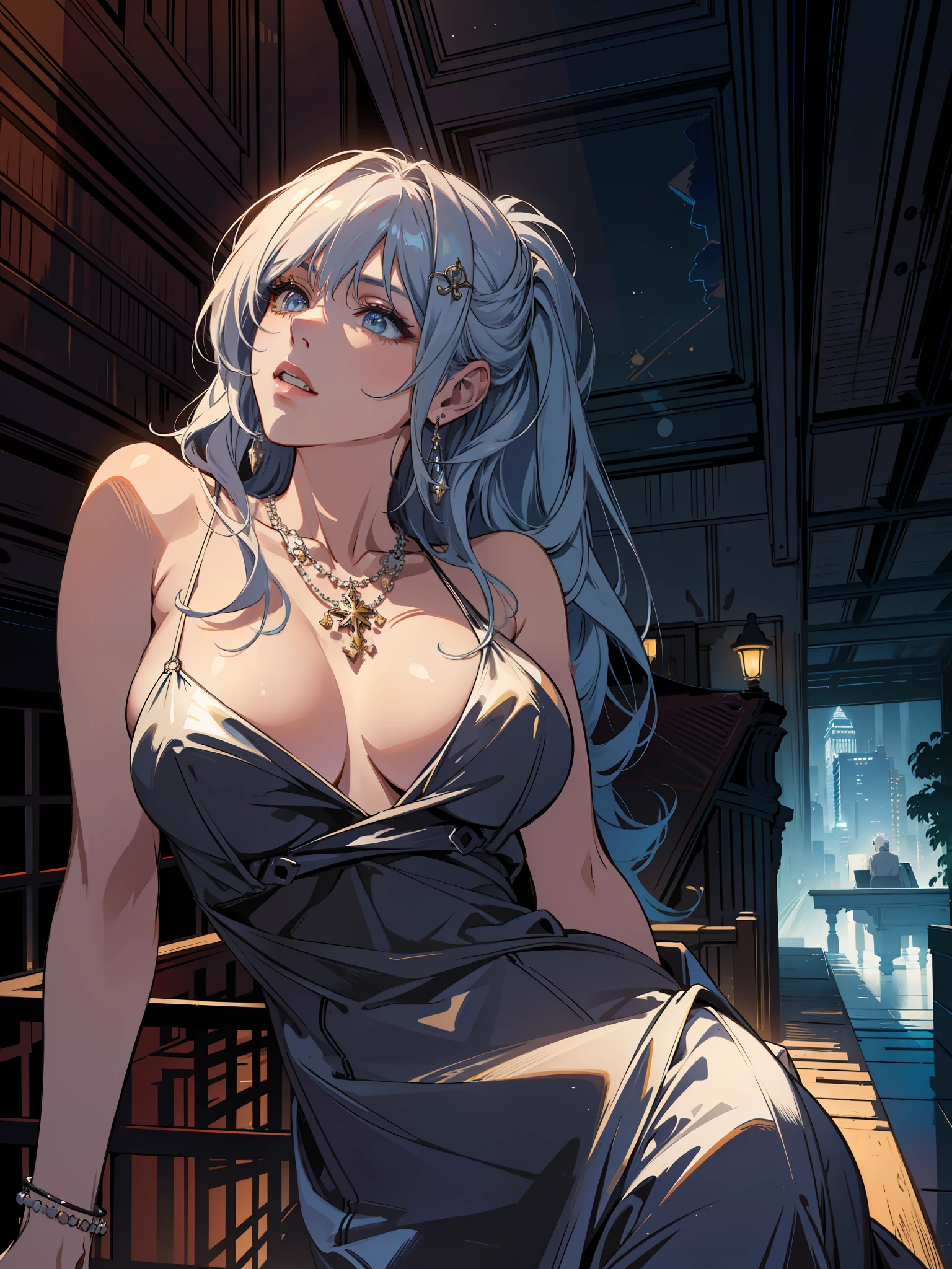 ((masterpiece, best quality)),
st. louis \(luxurious wheels\) \(azur lane\), highres, highest quallity, illustration, cinematic light, ultra detailed, detailed face, (detailed eyes), best quality, hyper detailed, masterpiece, (detailed face), large breasts, hair ornament, earrings, necklace, portrait, silver dress, revealing clothes,highest details, luminous eyes, (hotel:1.2), sitting in bed, sitting, bed, window, night sky, backlighting, light rays, (high contrast), (colorful),