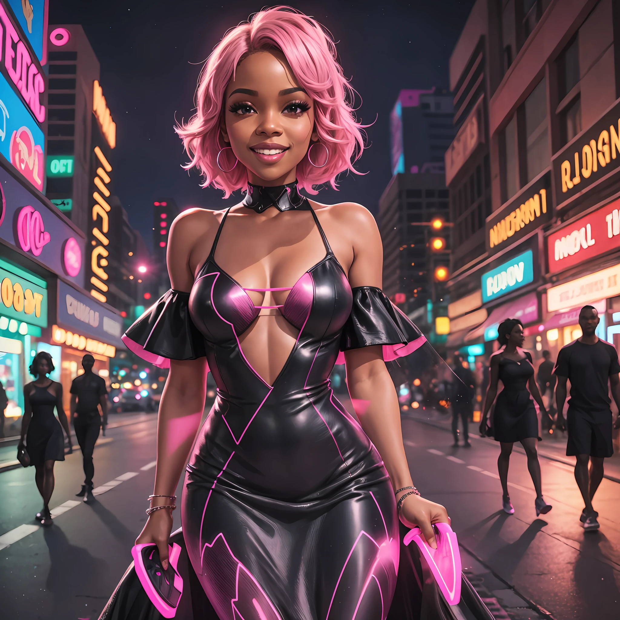 During the night, Black woman, full pink dress, medium breasts, full body, walking on the street, camera direction, smile on lips, super realistic, full of details, neon lights, HD, 8k --auto --s2