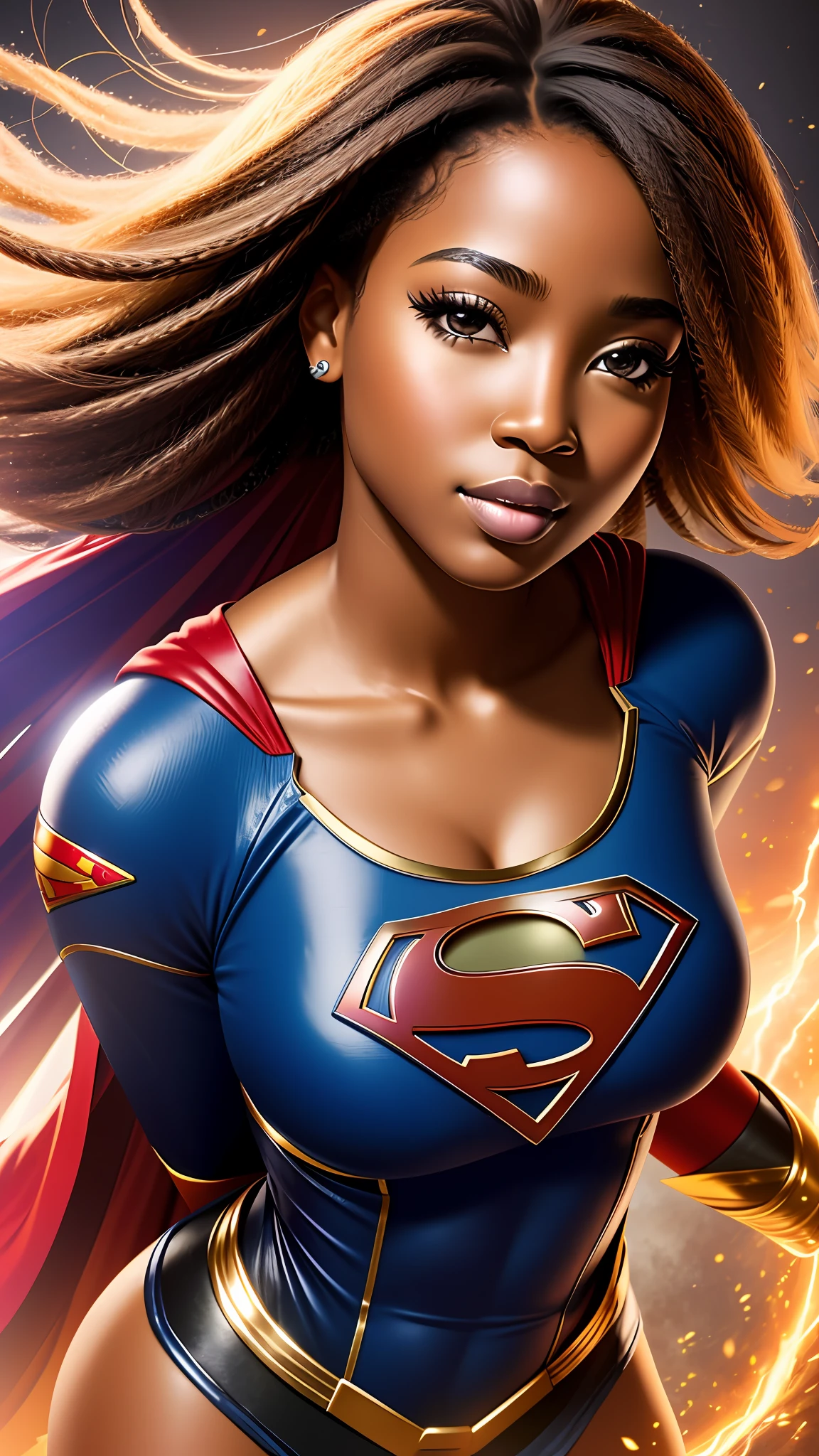 photographic portrait of a beautiful 25-year-old black woman, Supergirl, colorful and realistic round eyes, dreamy magical atmosphere, superheroine costume, (medium breasts: 1.3), tanned,