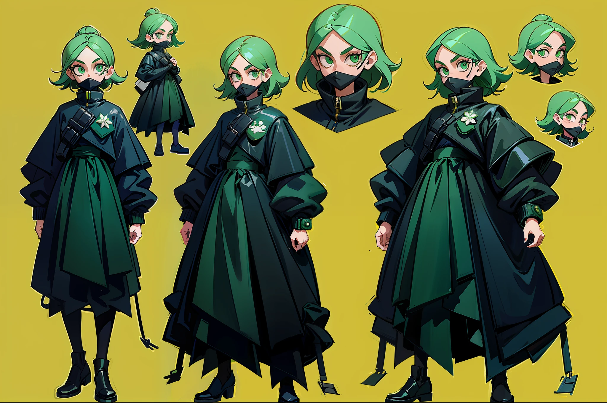 Bank robber styled clothing girl wearing poncho black color scheme with hint of emerald green goofy hair wearing black mask pockets all over outfit fullbody criminal holding whip standing at camera tall character concept art sheet