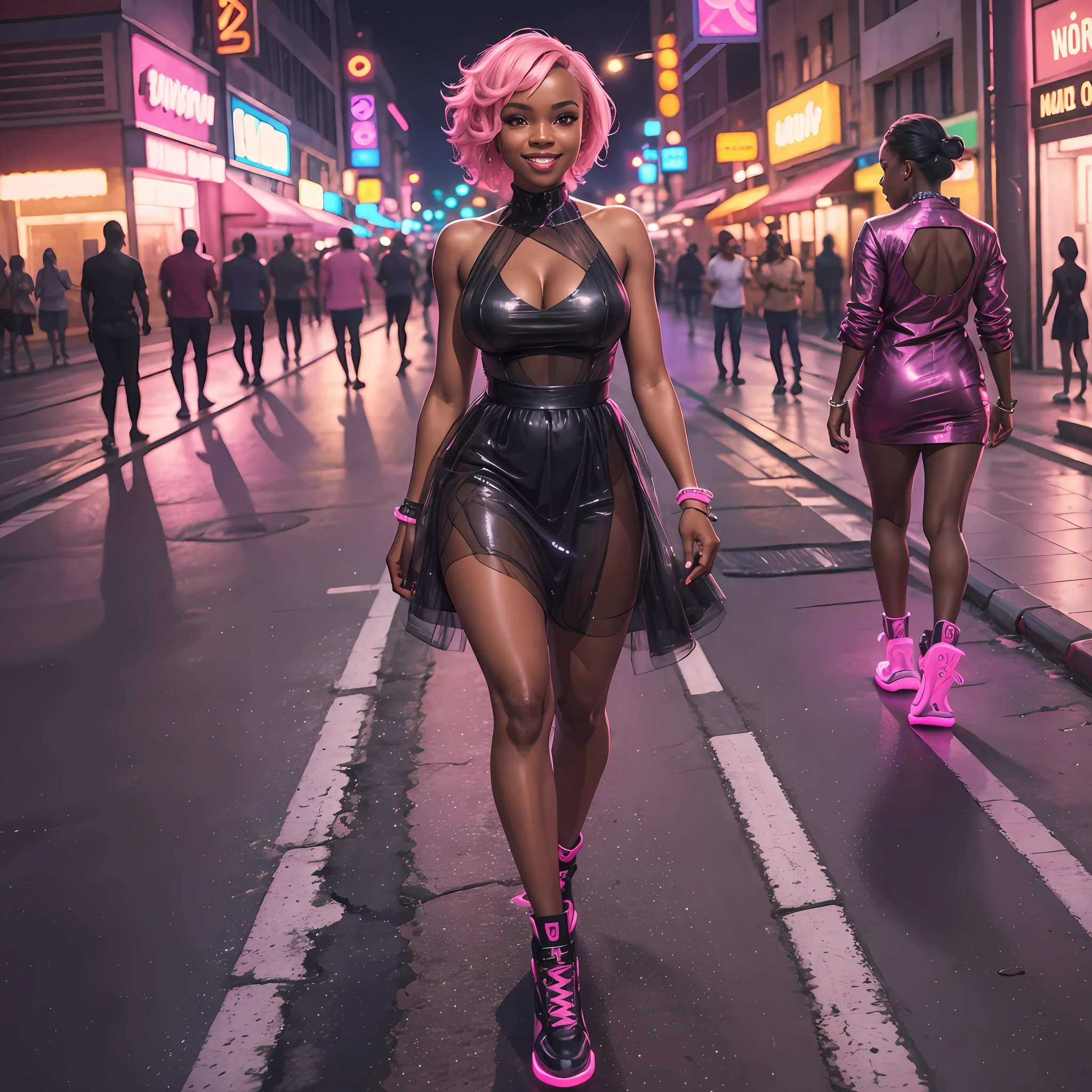 During the night, Black woman, full pink dress, medium breasts, full body, walking on the street, camera direction, smile on lips, super realistic, full of details, neon lights, HD, 8k --auto --s2