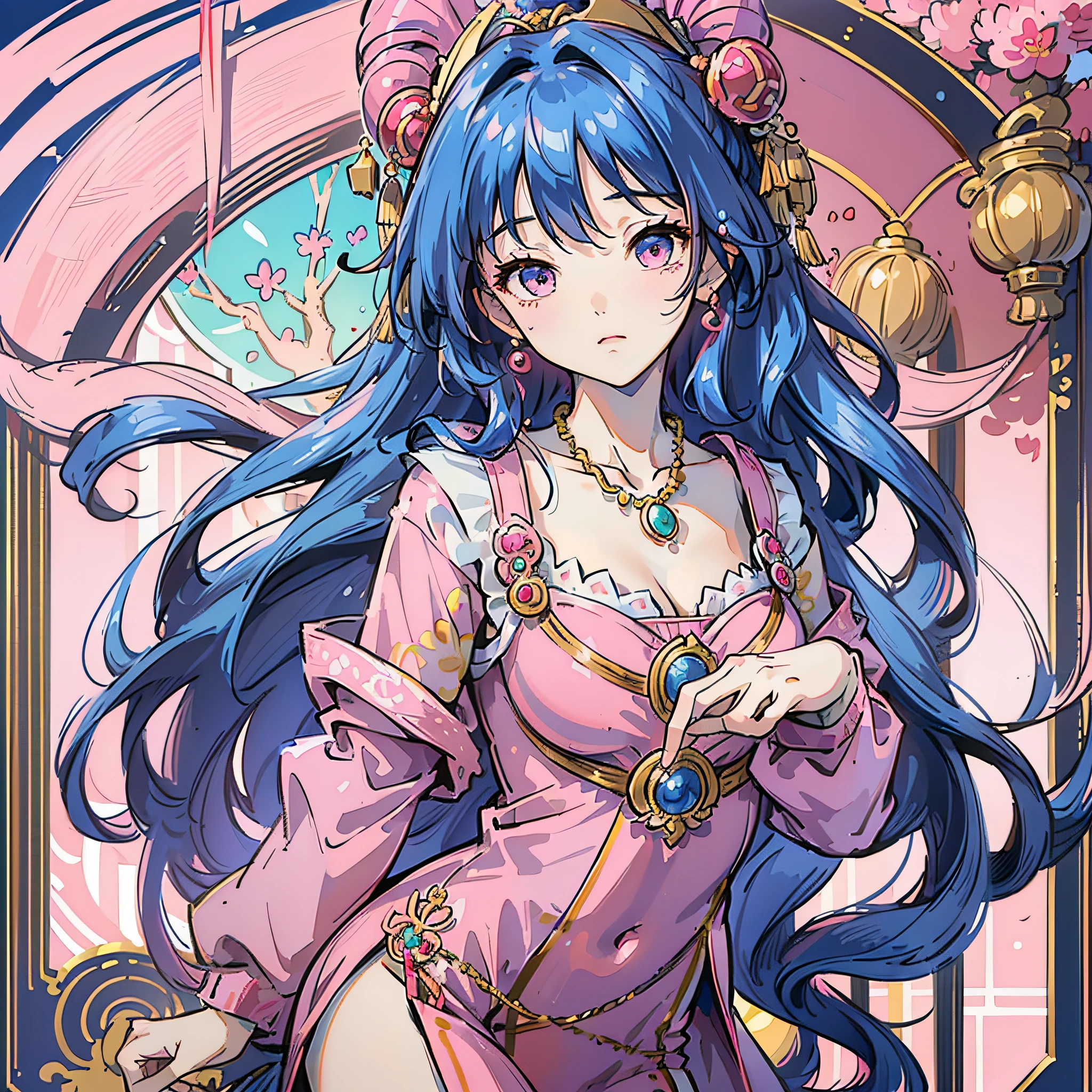 best quality, masterpiece, detailed hair, highres, (((yunyun))) ,necklace,hair ornament, (Beautiful face), looking at viewer, blue hair, standing, ((half body)), ((pink suit)) --auto --s2