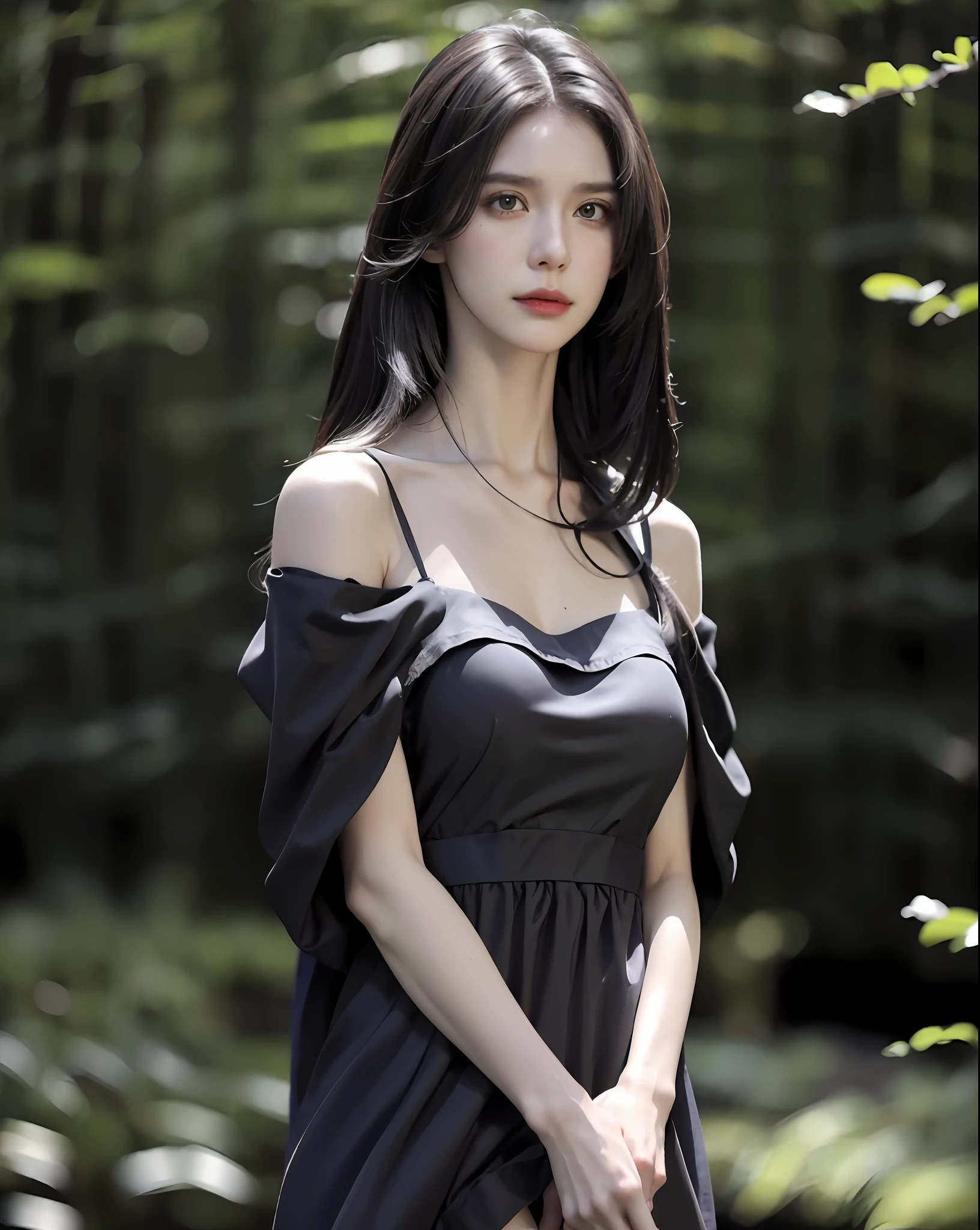 1 girl, joey, best quality, masterpiece, super high resolution, (lifelike:1.4), original photo, not shoulder, in the dark, deep shadow, silk nightdress, undressed, standing in the park