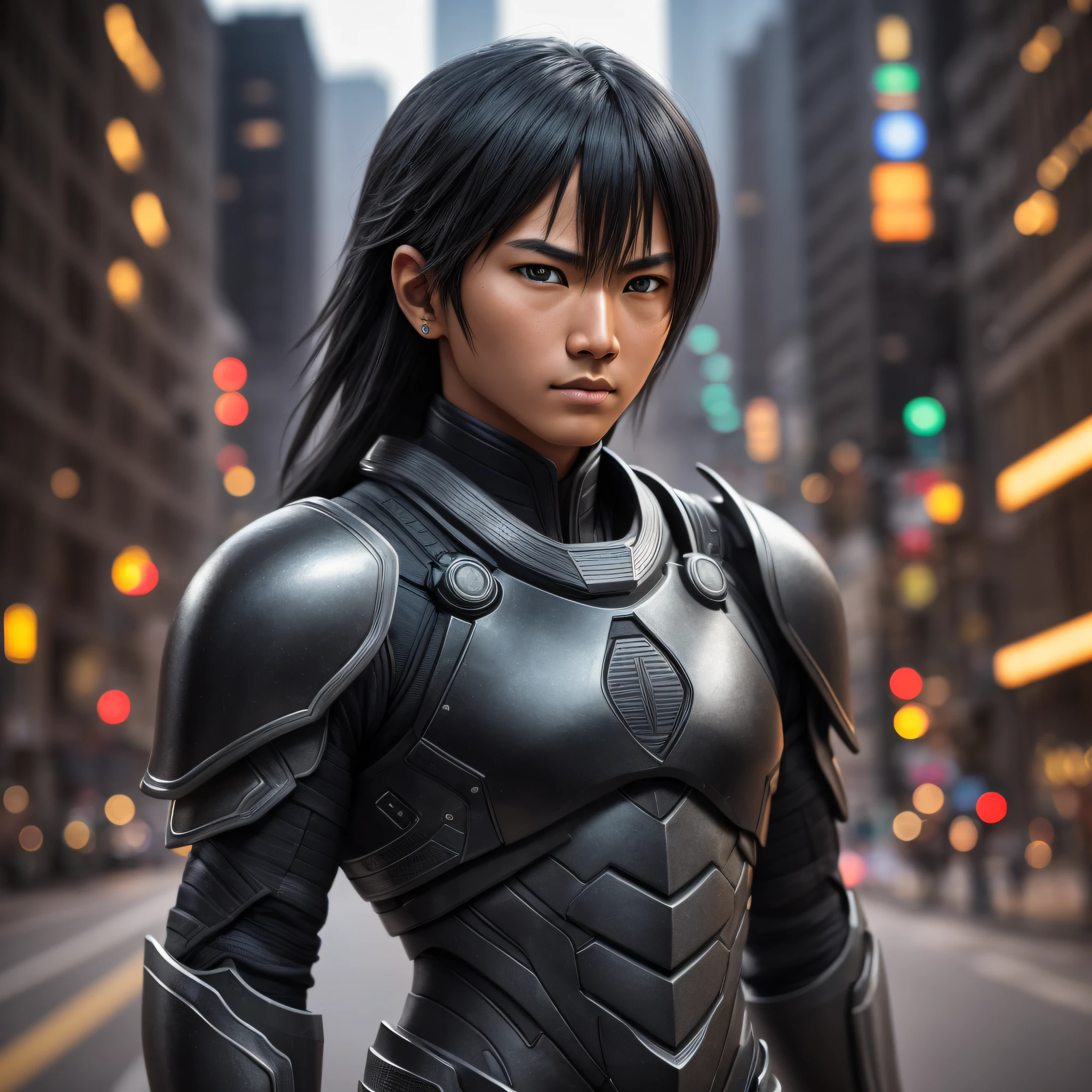 RAW photo, night, city street, (highly detailed skin: 1.2), 8k uhd, dslr, soft lighting, high quality, film grain, Fujifilm XT3, 1man (high detail: 1.1), (highly detailed dark skin: 1.2), Asian, full body, full black kevlar armor, black hair, yellow eyes, supported face, tachi-e, symmetry, isometric, character graphic, individual focus, (little: 1.04)Nikon, hyperrealism, cinematic lighting, 16k, award-winning, masterpiece, anatomically correct