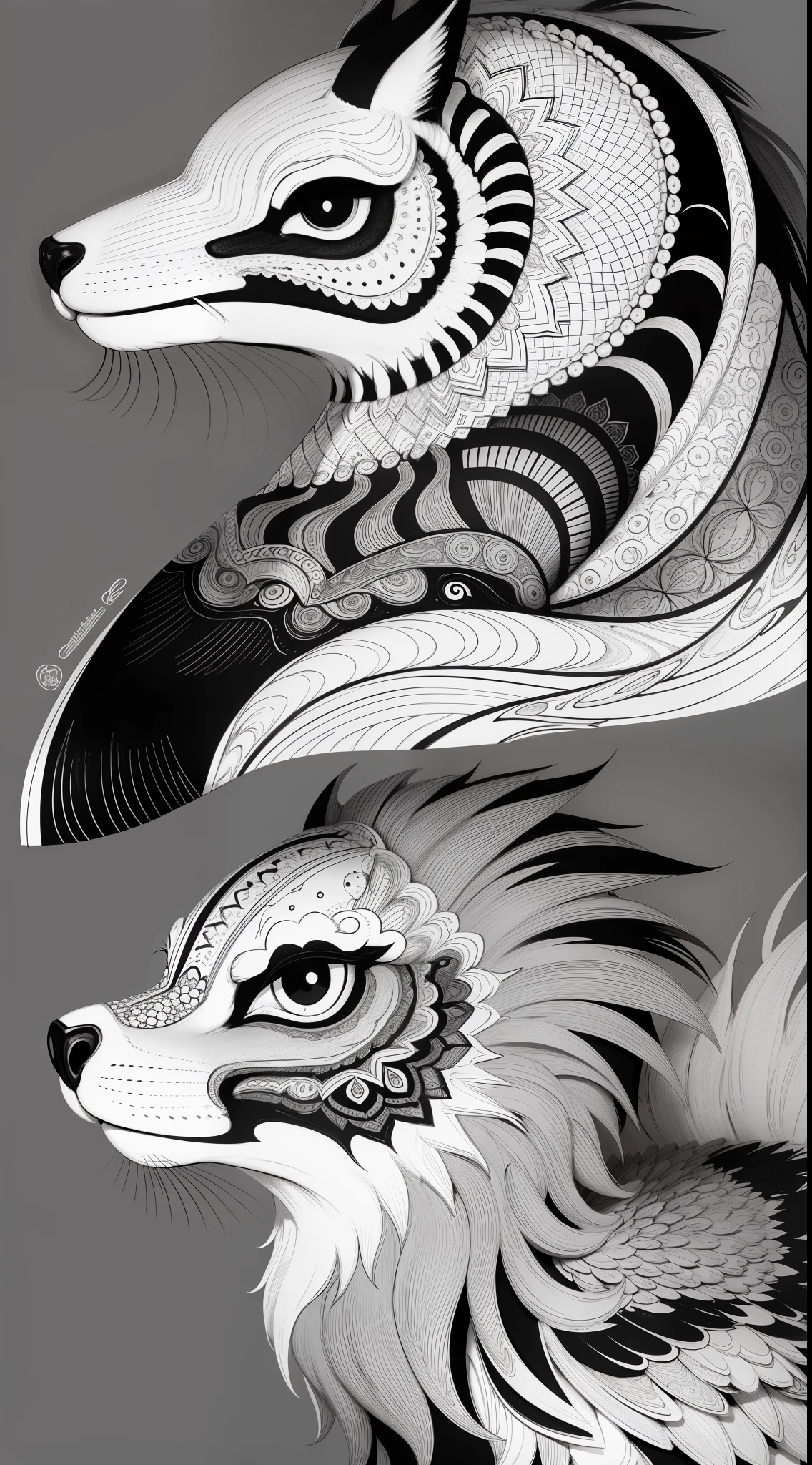 Coloring pages for children, black and white background, no color, clean lines, details, anatomy, fantastic, imaginary animals, designs