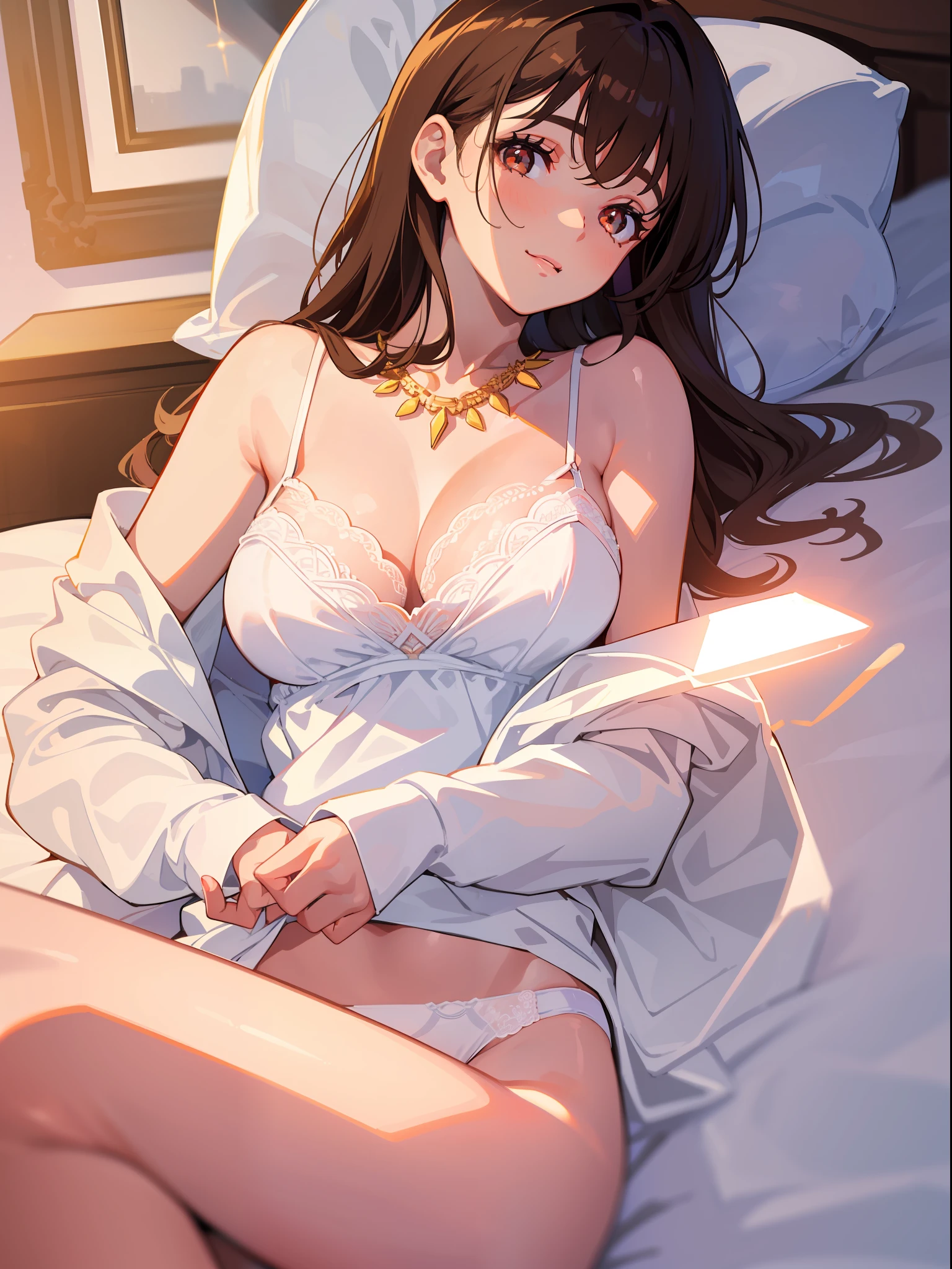 DETAILED, DENSE, MASTERPIECE, one girl, beautiful, wearing white cardigan, one girl lying on bed with blanket, brown hair, 22 years old, smooth skin, glowing skin, glowing hair, clear eyes, glowing eyes, brown eyes, soft lips, pale pink lips, (viewer Looking down: 0. 8) smiling slightly, cheeks stained, shy, mouth open, bangs, white sleeves, white clothing, one girl, soft skin, large breasts, glowing skin, cinematic lighting, rich lighting, room lighting, simple gold necklace, diamond necklace, white Lace bra, white lace panties, white lace underwear, high angle, low angle, (Masterpiece: 1.0), (Realistic: 1.6), (Soft Focus: 1.5)