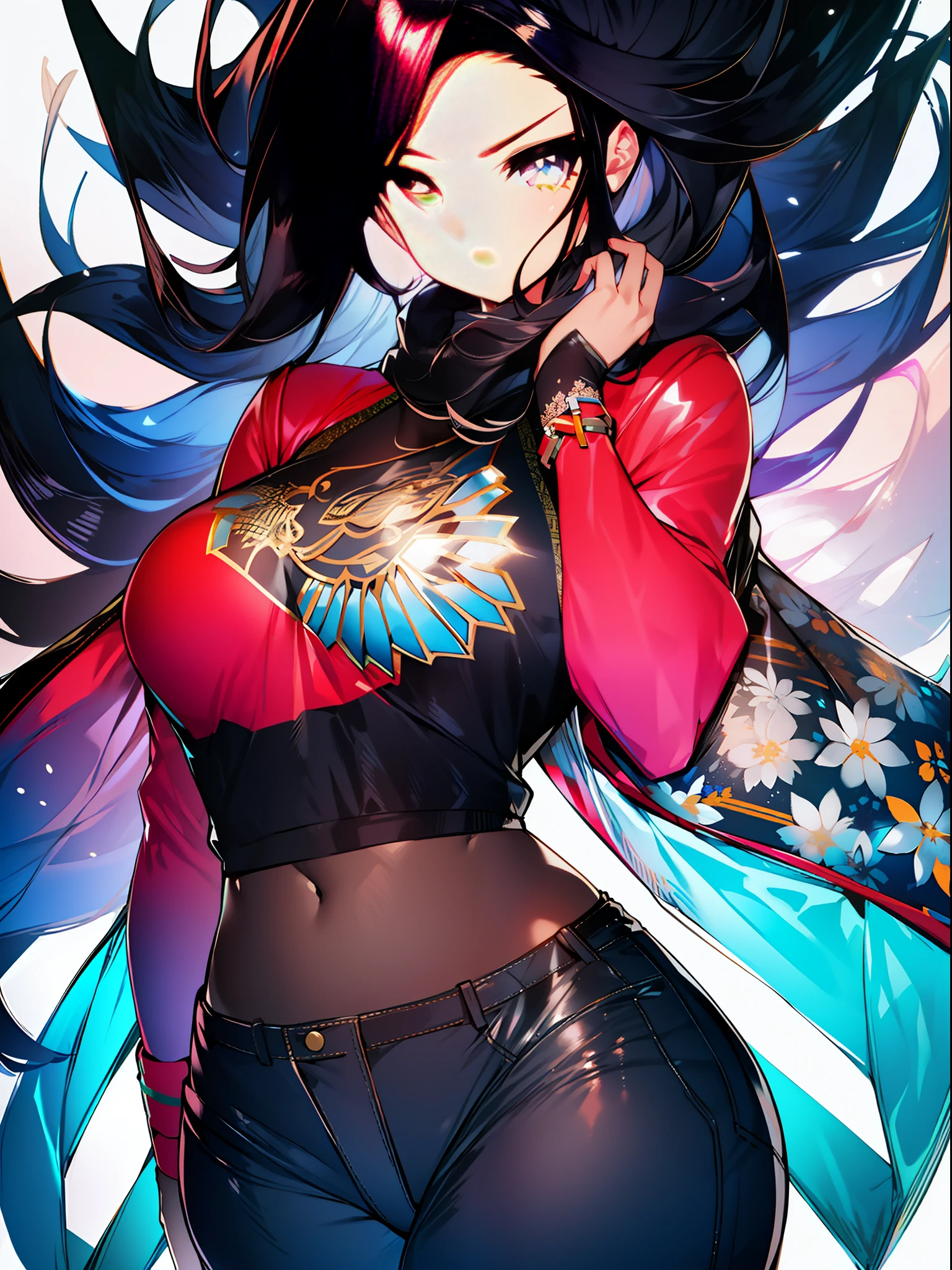 background, mixed language_text, Japanese letters in graphite, woman, long black hair gradient, excellent lighting, side lighting, perfect end (gradient colors: 1.3), (magazine_cover: 1.4), (colored_background: 1.3), :: discs with sharp and shiny blades in the hand :: circular pieces of white metals glued to the ultra detailed arms coming out sparkling glow, star design stamped in the middle of the t-shirt, perfect and detailed, ultra detailed shirt with abstract design and with Japanese sayings print in graphite of the sides of the clothing, jeans used, with immersive effects, hover effect, graphite background style flowers with flowers and vibrant colors, "ultra" HDR detailed and with focus effect, (masterpiece: 1.2, best quality), (beautiful finely detailed emerald yellow eyes: 1.2), Big Breast, ((Solo)), (Finely detailed eyes and detailed face: 1.3), beautiful ultra-detailed eyes, linear light smile, graphite and tattoo style background, alone. midriff, skintight bodysuit with detailed tattoo style print, ultra-detailed red gradient leather jacket,, black skintight pants with ultra-detailed white and pink details, , ultra-detailed bracelets on the arms, , bracelet on the right arm with ultra bright red energy