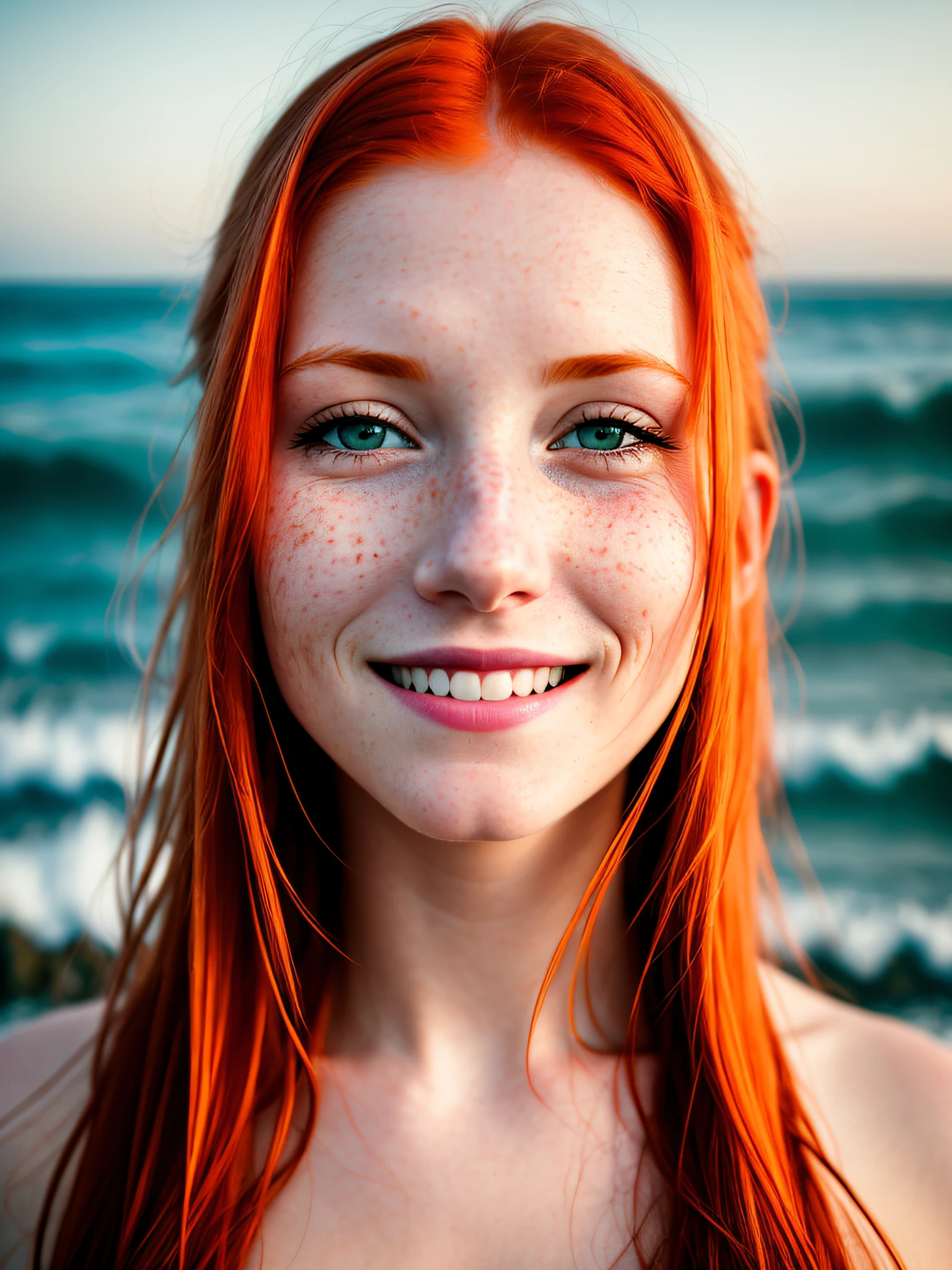 a smiling ginger woman, a sea beach, cinematic, dimmed colors, dark shot, muted colors, film grainy, lut, insane details, intricate details, hyperdetailed, closeup, twilight