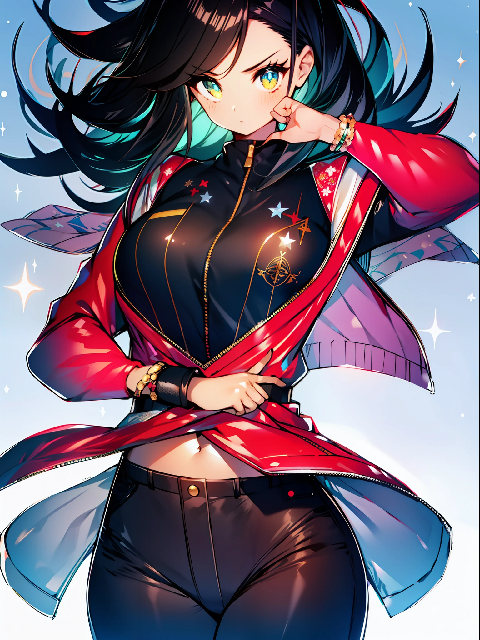 background, mixed language_text, Japanese letters in graphite, woman, long black hair gradient, excellent lighting, side lighting, perfect end (gradient colors: 1.3), (magazine_cover: 1.4), (colored_background: 1.3), :: discs with sharp and shiny blades in the hand :: circular pieces of white metals glued to the ultra detailed arms coming out sparkling glow, star design stamped in the middle of the t-shirt, perfect and detailed, ultra detailed shirt with abstract design and with Japanese sayings print in graphite of the sides of the clothing, jeans used, with immersive effects, hover effect, graphite background style flowers with flowers and vibrant colors, "ultra" HDR detailed and with focus effect, (masterpiece: 1.2, best quality), (beautiful finely detailed emerald yellow eyes: 1.2), Big Breast, ((Solo)), (Finely detailed eyes and detailed face: 1.3), beautiful ultra-detailed eyes, linear light smile, graphite and tattoo style background, alone. midriff, skintight bodysuit with detailed tattoo style print, ultra-detailed red gradient leather jacket,, black skintight pants with ultra-detailed white and pink details, , ultra-detailed bracelets on the arms, , bracelet on the right arm with ultra bright red energy