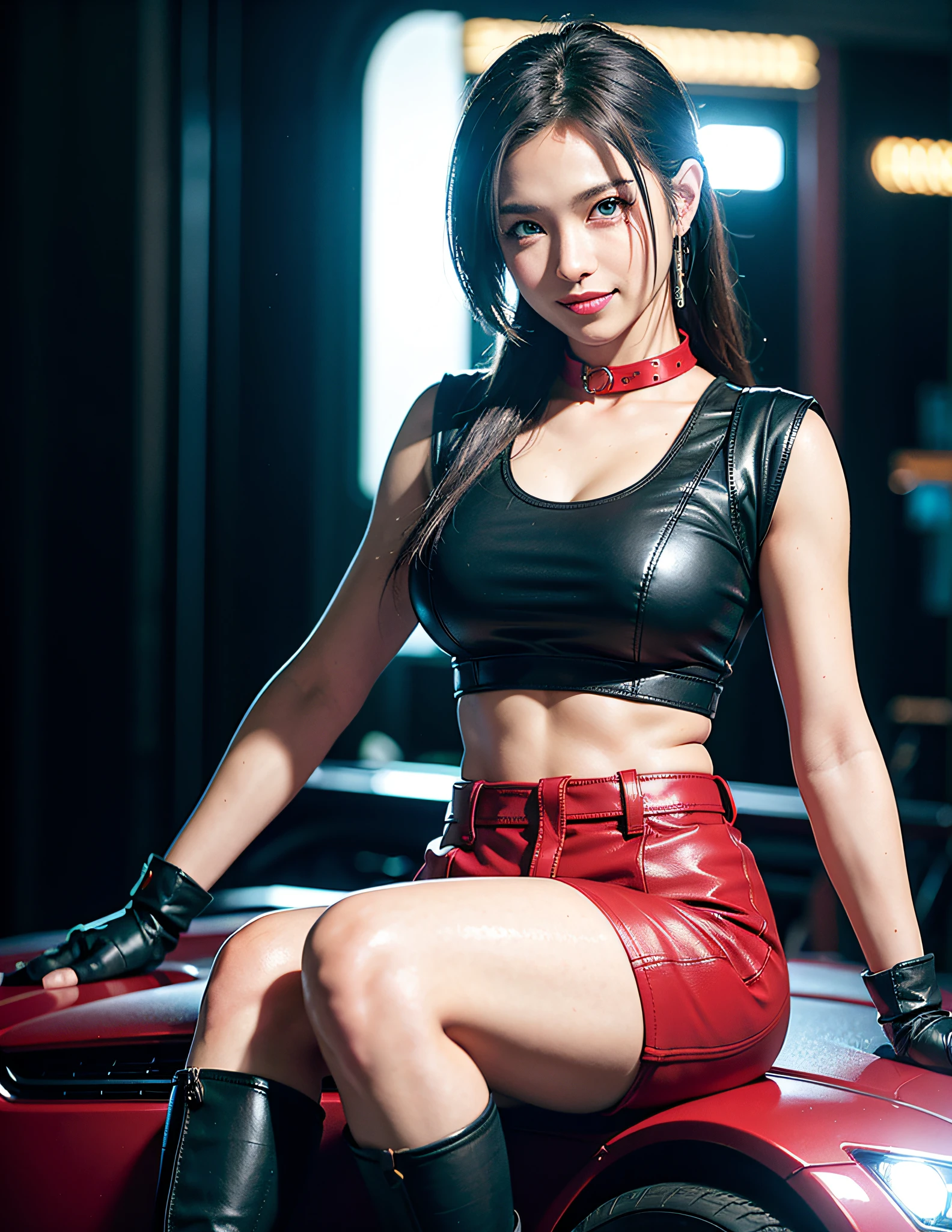 (8K, Best Quality, Masterpiece:1.2), (Realistic, Photorealistic:1.37), Ultra Detail, 1 Girl,Cute, Solo, (Tipha Lockhart), (Big),(Beautiful Detailed Eyes), (Smile:1.2), (Smile), (Erotic Pose), Dance, Neon Lights, Cityscape, Depth of Field, Dark Strong Shadows, Sharp Focus, Car, Motion Blur, Motorbike, depth of field, good composition, green glowing light, final fantasy vii, dating, (blush), (single elbow pads), ankle boots, black hair, black thighs, red boots, elbow gloves, elbow pads, fingerless gloves, taut shirt, sports bra, (suspender black skirt), thighs, white tank top, full body, headrest, lips, (pretty face), low tie long hair, (( ( red_eyes)), (Luxury Car), (Night: 1.3), Complex, Bokeh, Movie Lighting, Photon Mapping, Radiosity, Physically Based Rendering, (Tetsuya Nomura Style), Perfect Breasts
