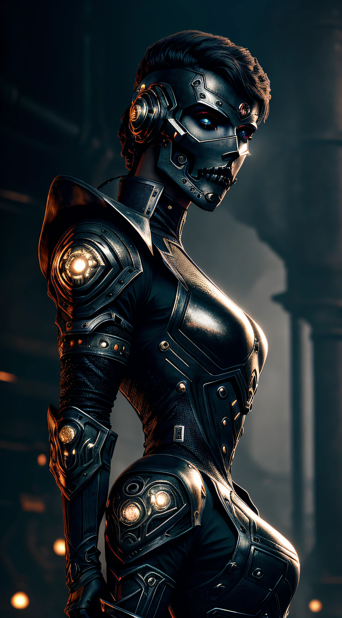 Style-RustMagic in Beauty Robot Warrior, Cyberpunk Enhanced, Cybersoftware, Cyberg, Carbon Fiber, Chrome, Implants, Metal Skull, Cyberplate Armor, (Dark Atmosphere: 1.2), (Fog and Smoke), (Night: 1.3), Scar, (Dark Medium Length Unkempt Hair: 1.1), (Eyeshadow: 1.1), (Fine and Detailed Glow: 1.2), (Cinematic Lighting), Intricate Details, High Resolution, Round Eyes, Detailed Facial Features, Sharp Focus , smooth, aesthetic, detailed dark industrial factory background, fashion pose, dynamic pose, (dramapaint), (opt-6000:0.9)