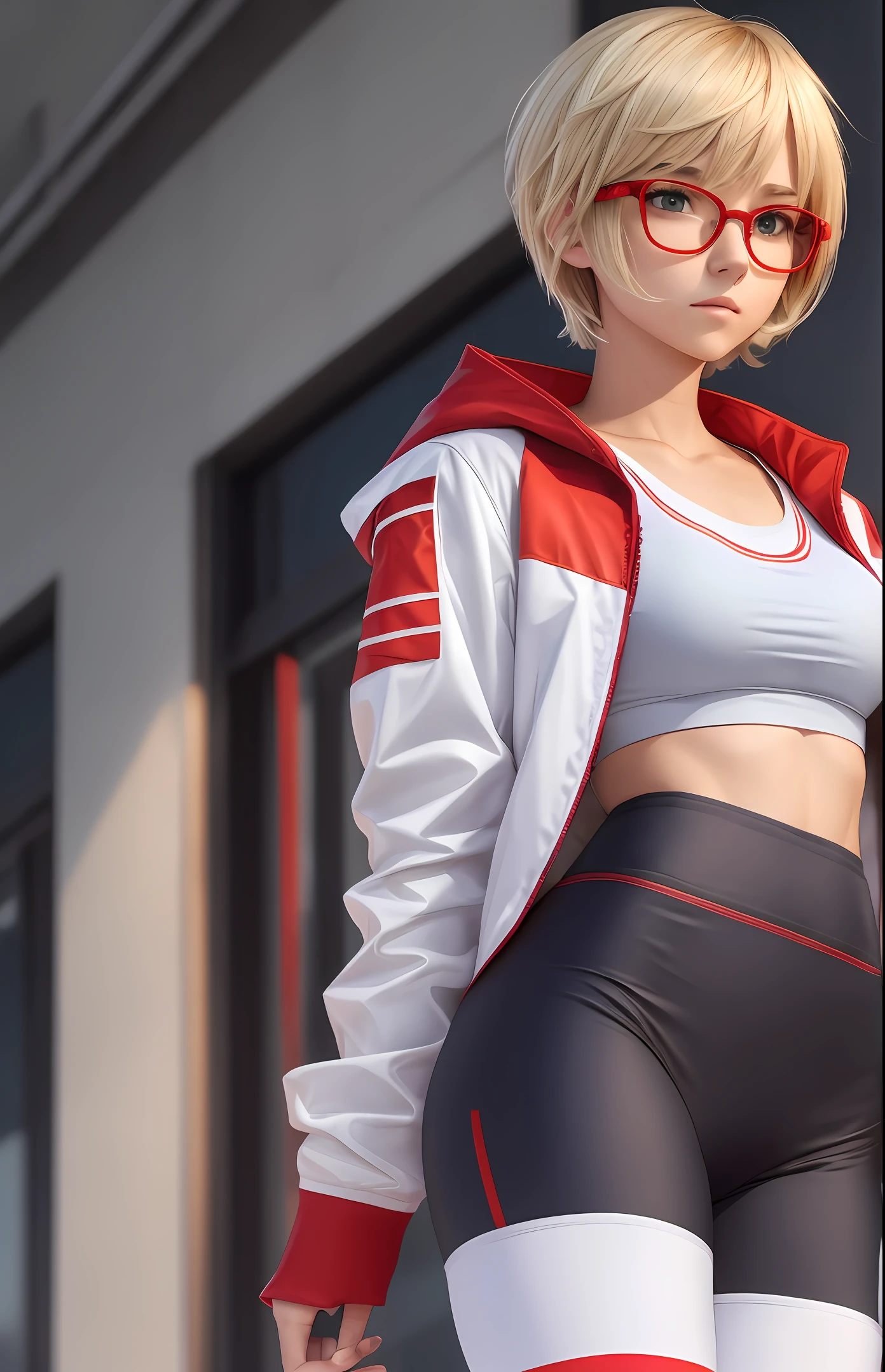 2d character, tall, pretty, young, teenager, short blonde hair, bangs, wears red glasses, confident face, has an athletic body, wears leggings, wears a white jacket with red details --auto --s2