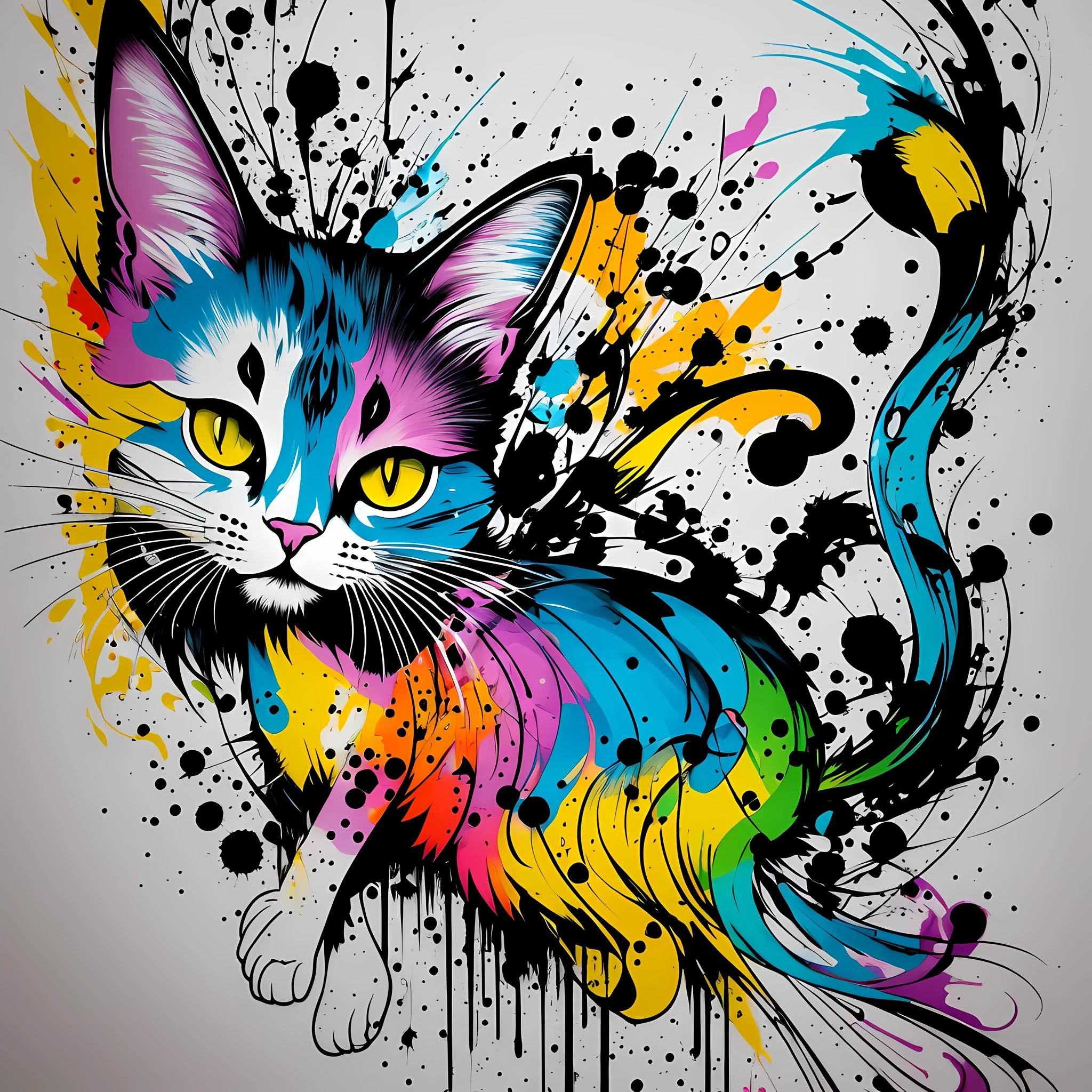 Flat graffiti, graffiti drawing of an abstract cat, black upper body with rainbow tail, Ranmec, a painting of a cat, hand drawn cartoon art style, toxic cat, cat design, in a cat painting, cartoon painting, liquid cat, cat painting, cat masterpiece, vibrant cartoon art, gorgeous art, splashing graffiti art, Jeff Soto's style --9:16 --auto --s2