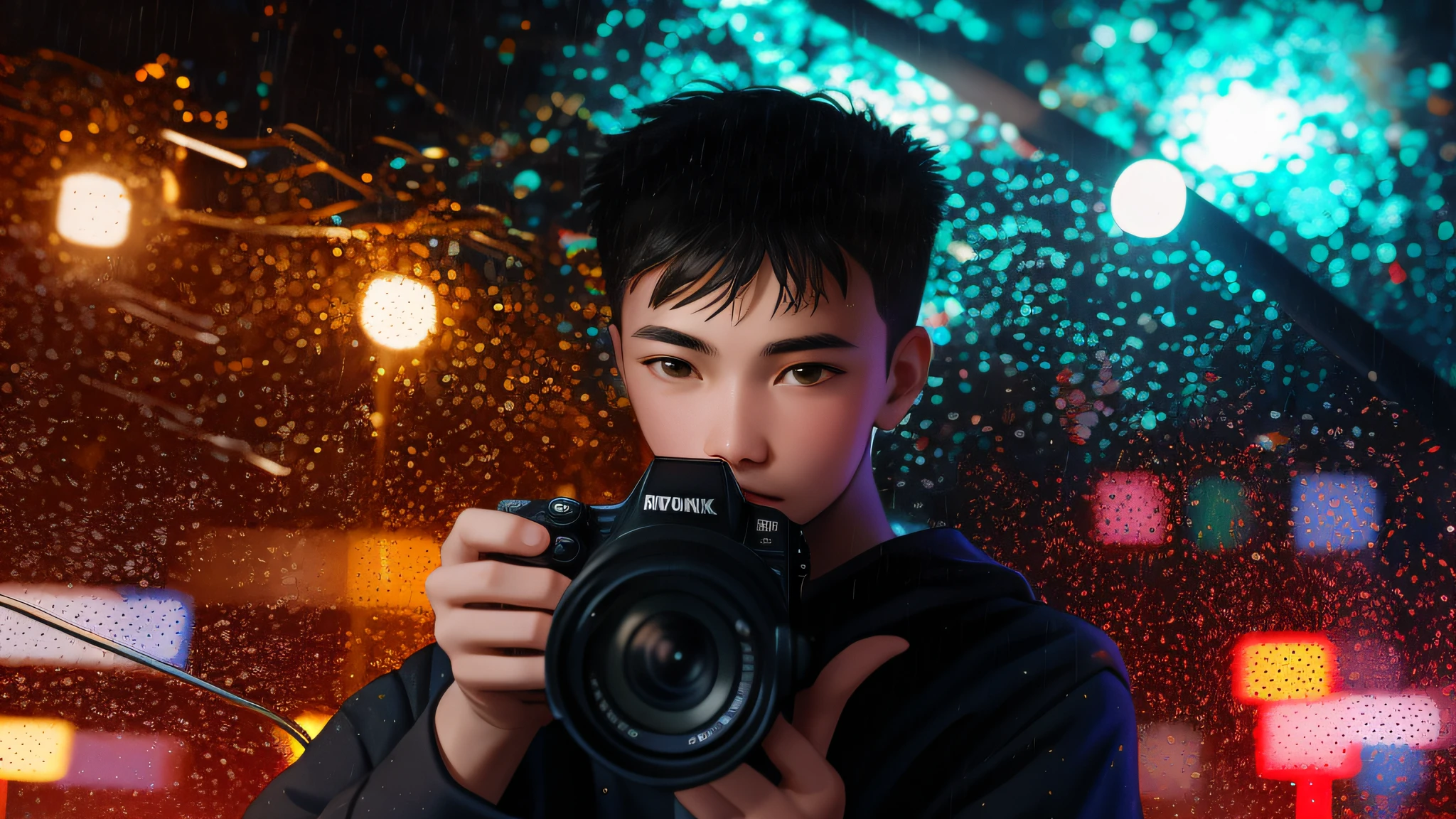 Boy holding camera taking pictures in the rain, portrait of people