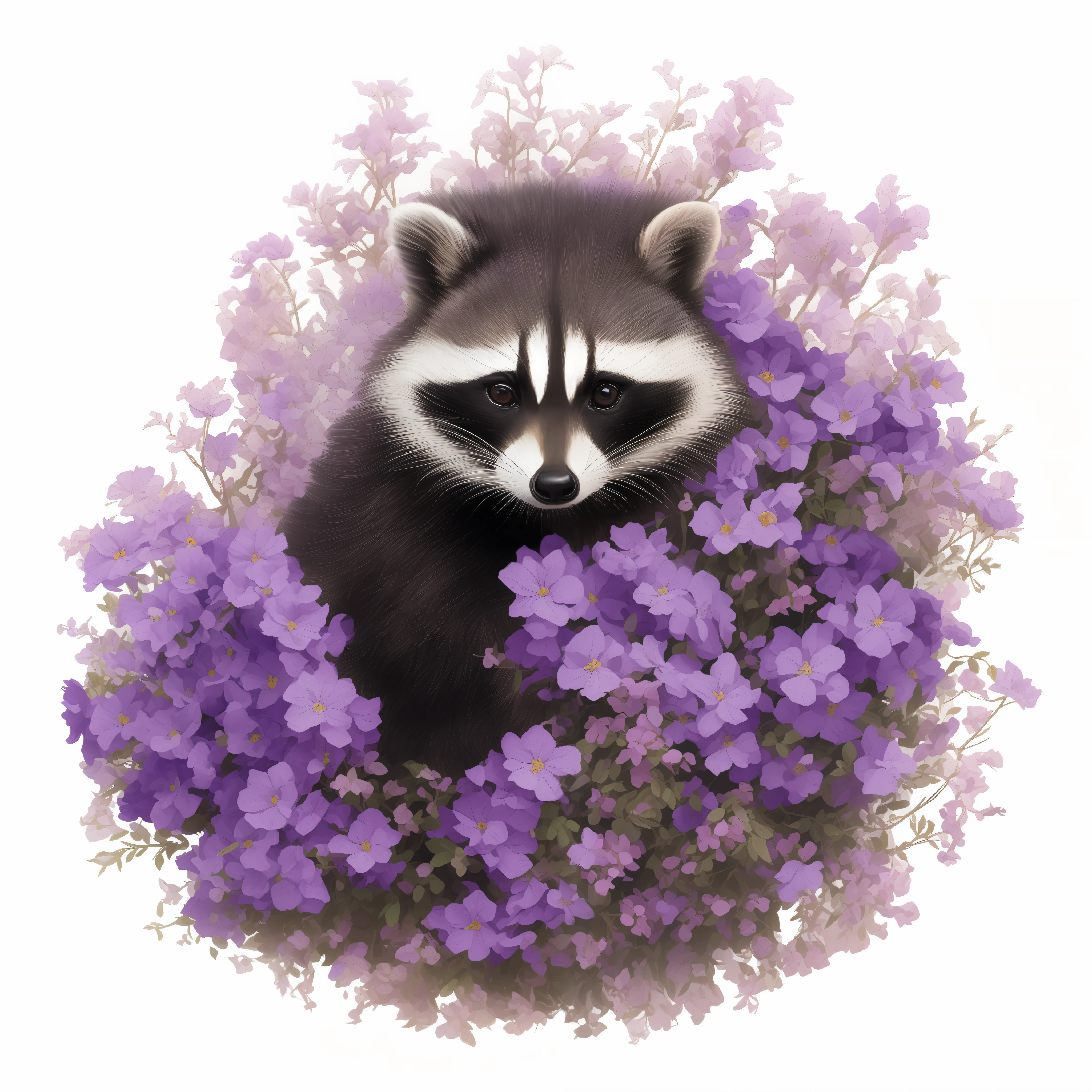 painting of a raccoon in a flower bed with purple flowers, by Ryan Yee, racoon, jen bartel, anthropomorphic racoon, full color illustration, raccoon, extremely detailed raccoon, rocket raccoon, by Justin Gerard, by Marten Post, jean-sebastien rossbach, cute detailed artwork, by Adam Marczyński, jinyoung shin art