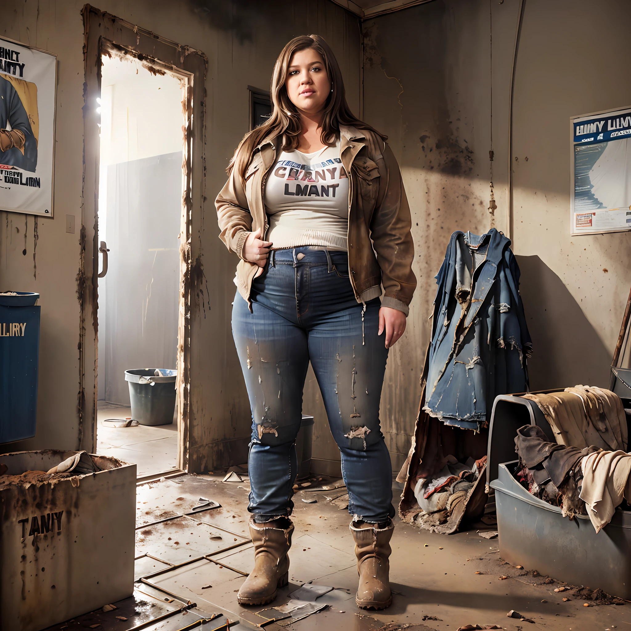 ((Overweight)) ((chubby)), Kelly Clarkson, small breasts, long brown hair, wearing business casual jeans, t-shirt, boots, jacket, standing in a living room, filthy dirty clothes, covered in dirt ((dirty clothes:1.3)) (((full body shot))) (((full length))) (masterpiece) ((cinematic look))